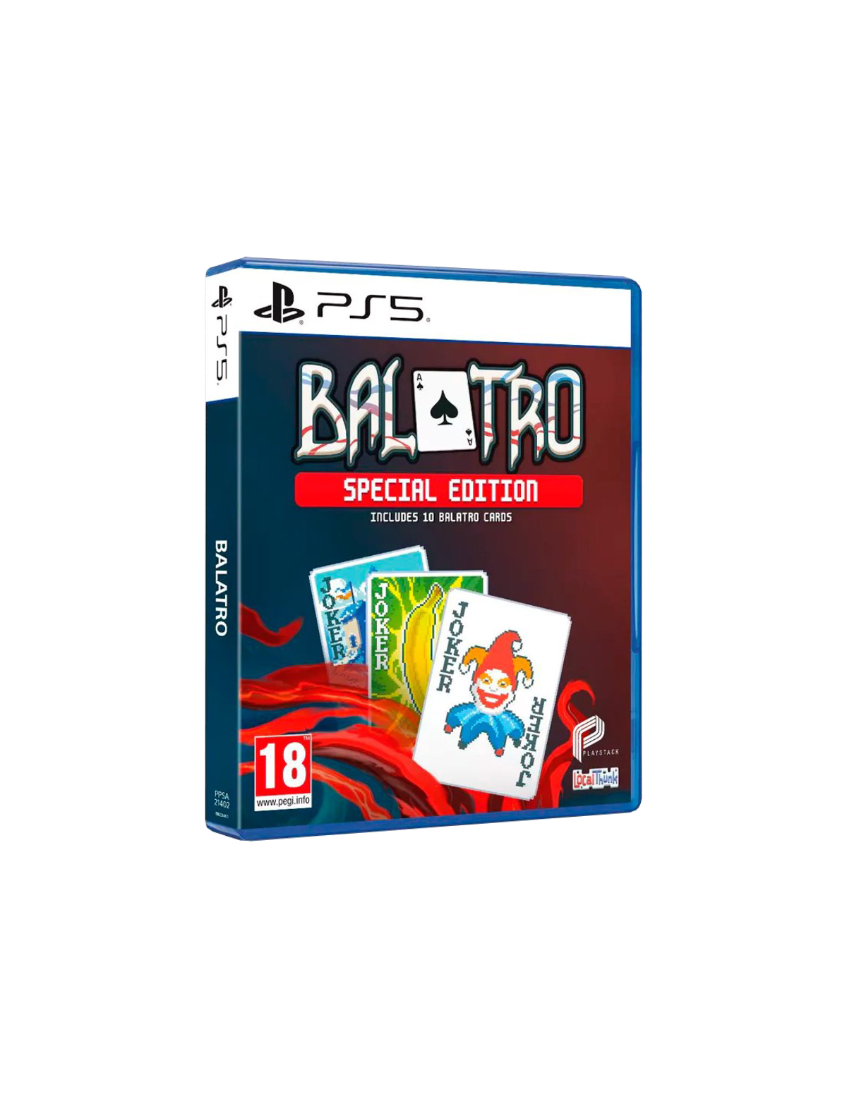 Scatola di gioco con titolo 'BALATRO', con carte da gioco. Include carta Joker e logo PS5.