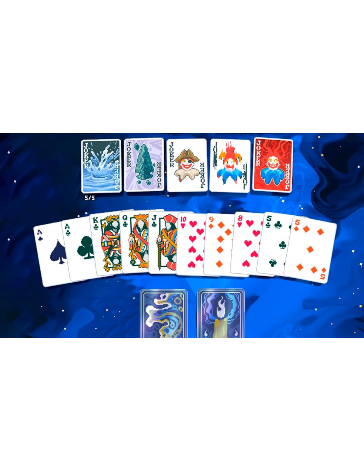 Disposizione di carte da gioco su sfondo blu stellato, con jolly e semi visibili.