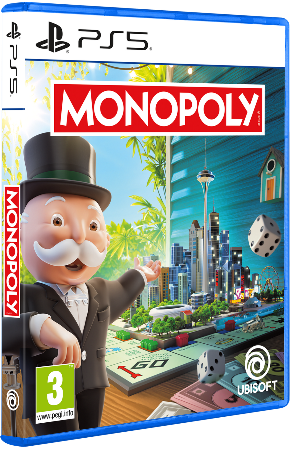 Pudełko z grą Monopoly PS5. Mężczyzna w cylindrze na okładce i tło miasta.