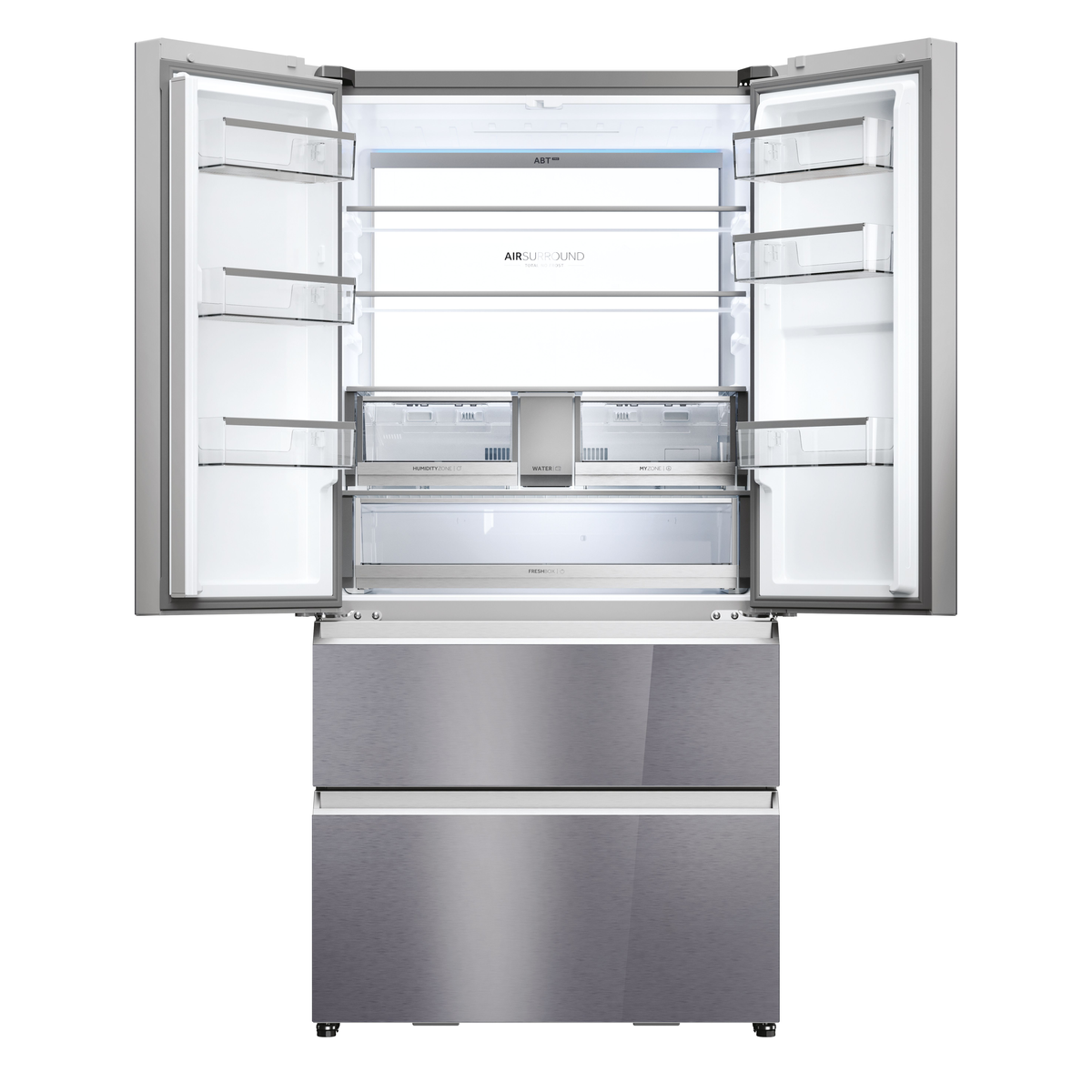 Un ventilatore a soffitto con cinque pale e un'apparecchio di illuminazione, tutto su sfondo bianco.