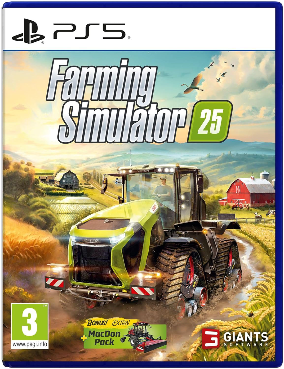 Caja del juego 'Farming Simulator 25' en PlayStation 5, con tractor en una escena de granja.