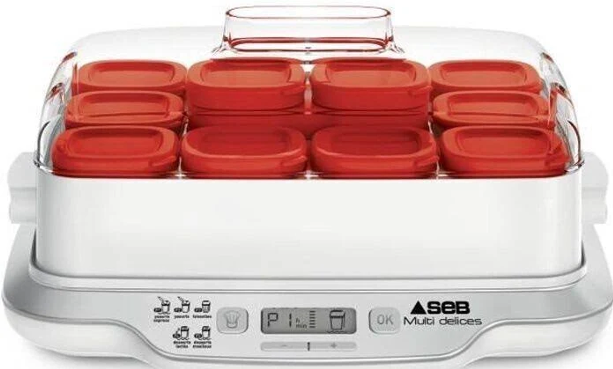 Biała jogurtownica SEB Multi Delices z czerwonymi pojemnikami. Białe tło.