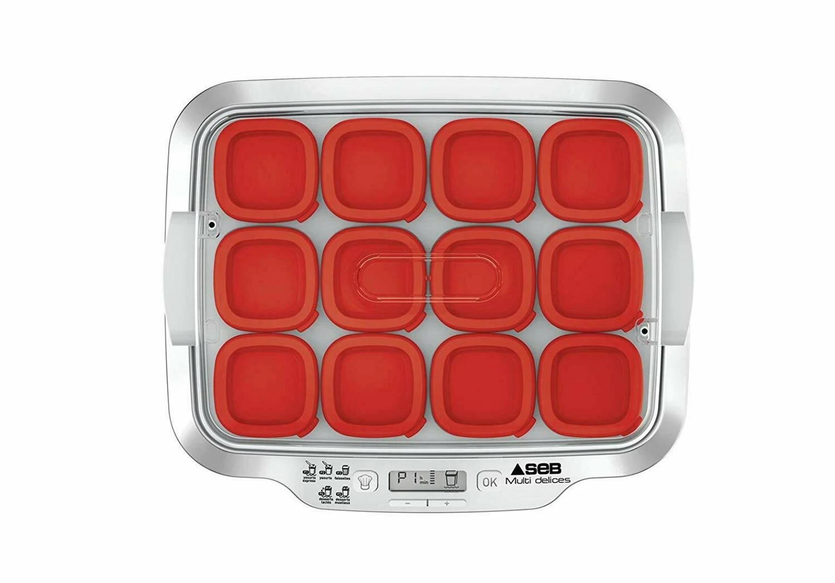 Maszyna SEB Multi Delices z 12 czerwonymi pojemnikami na jogurt.