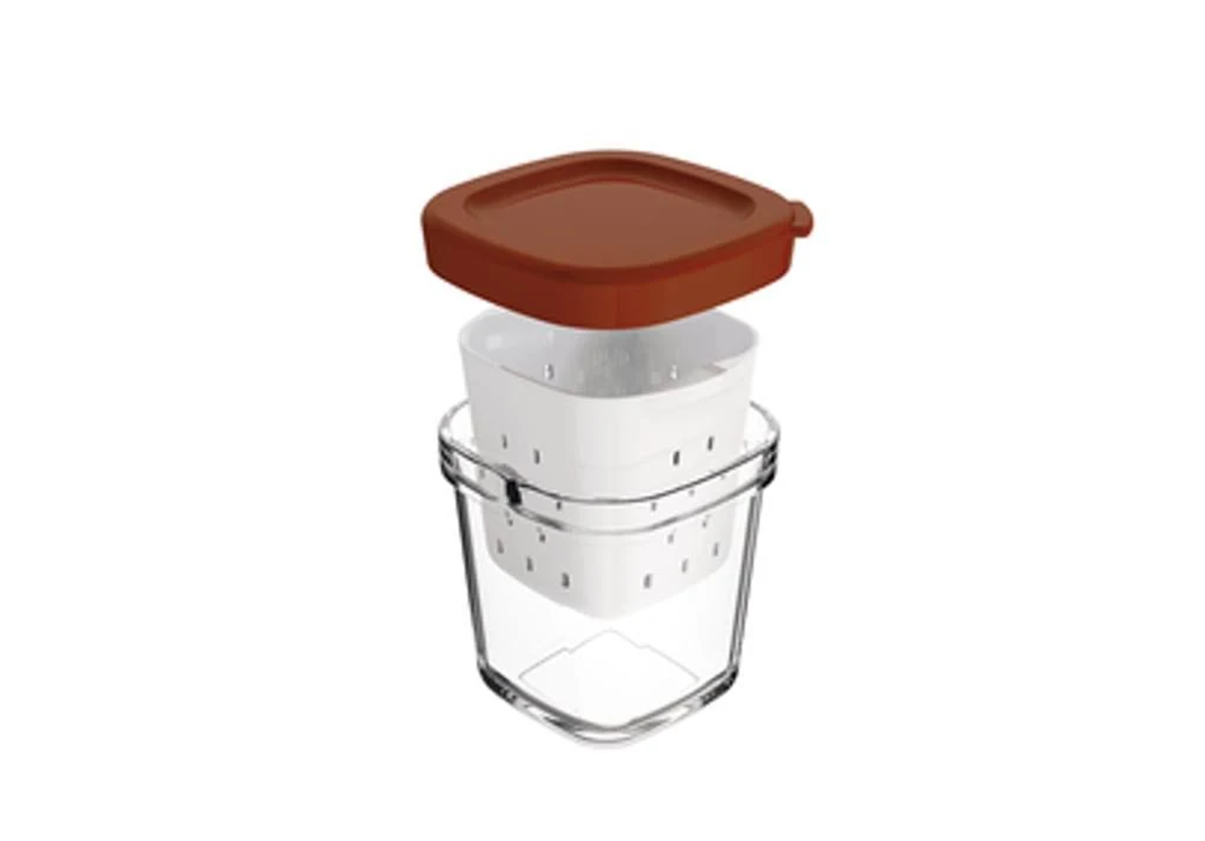 Contenitore alimentare quadrato trasparente con coperchio marrone, contenitore interno bianco e esterno trasparente.