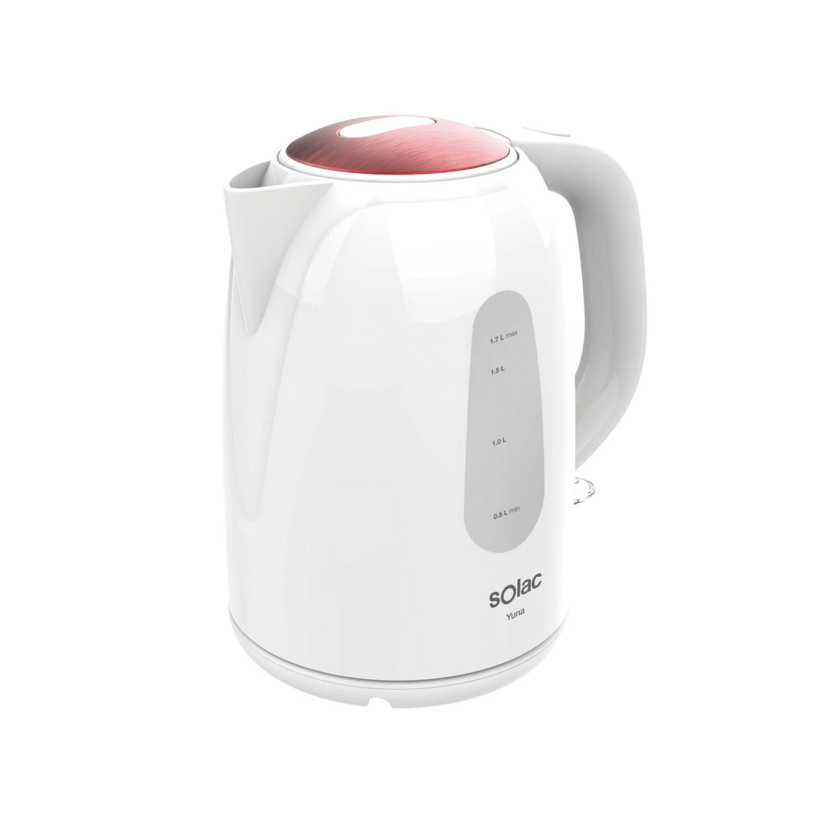 Biały czajnik elektryczny z czerwoną pokrywą. Poziom wody jest wskazany z boku.