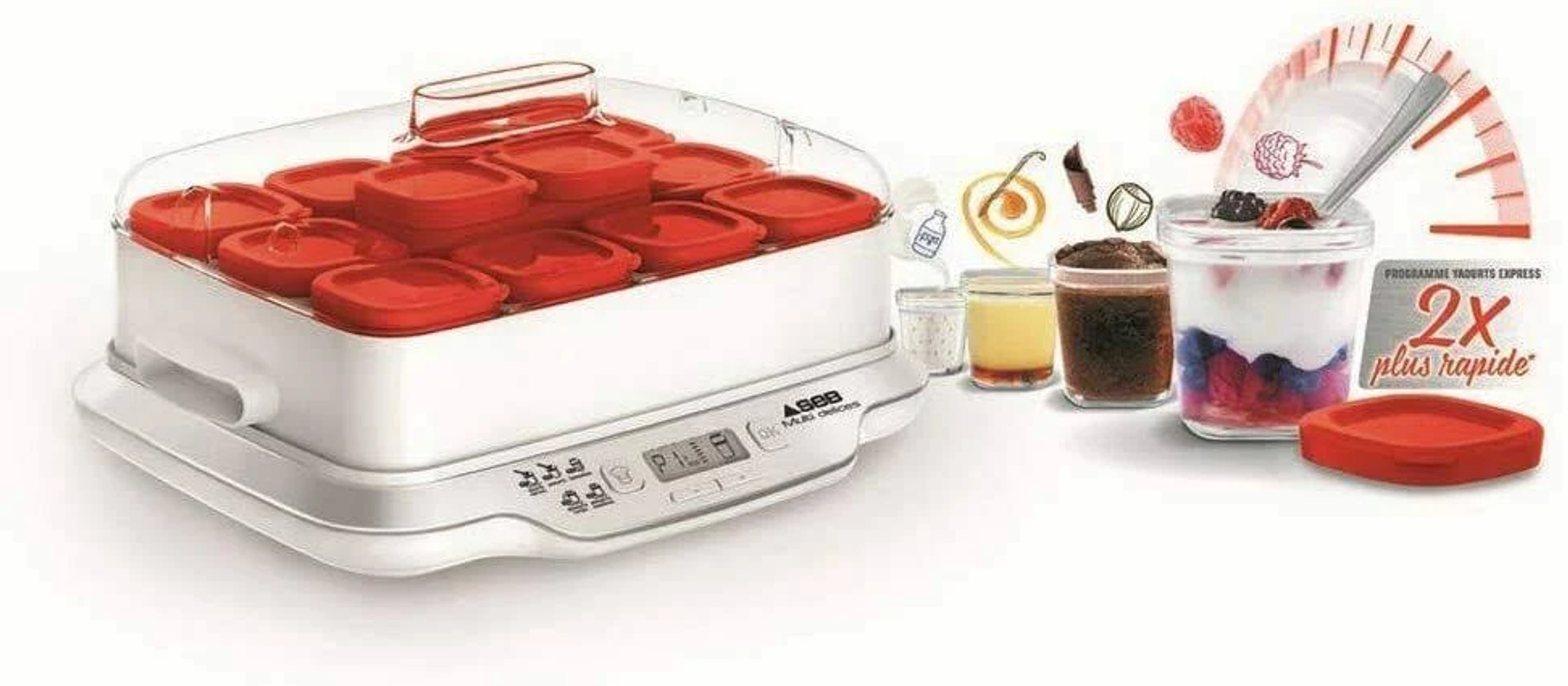 Białe urządzenie do robienia jogurtu z czerwonymi pokrywkami i obraz jogurtu z owocami.