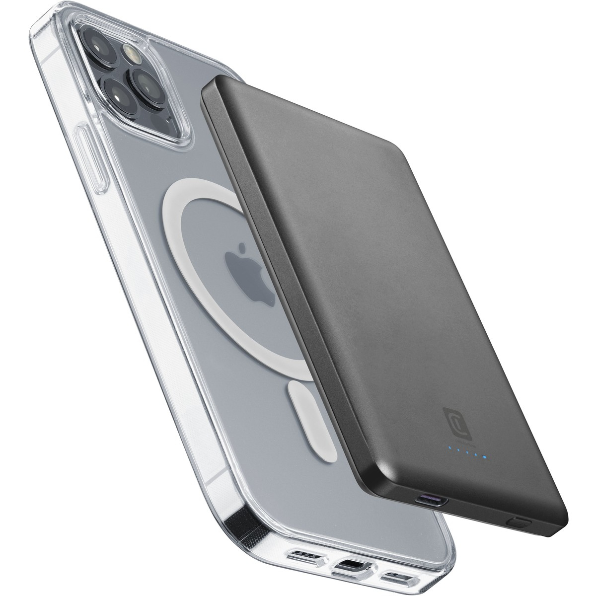 Custodia trasparente per iPhone con power bank nero. Entrambi su superficie bianca.