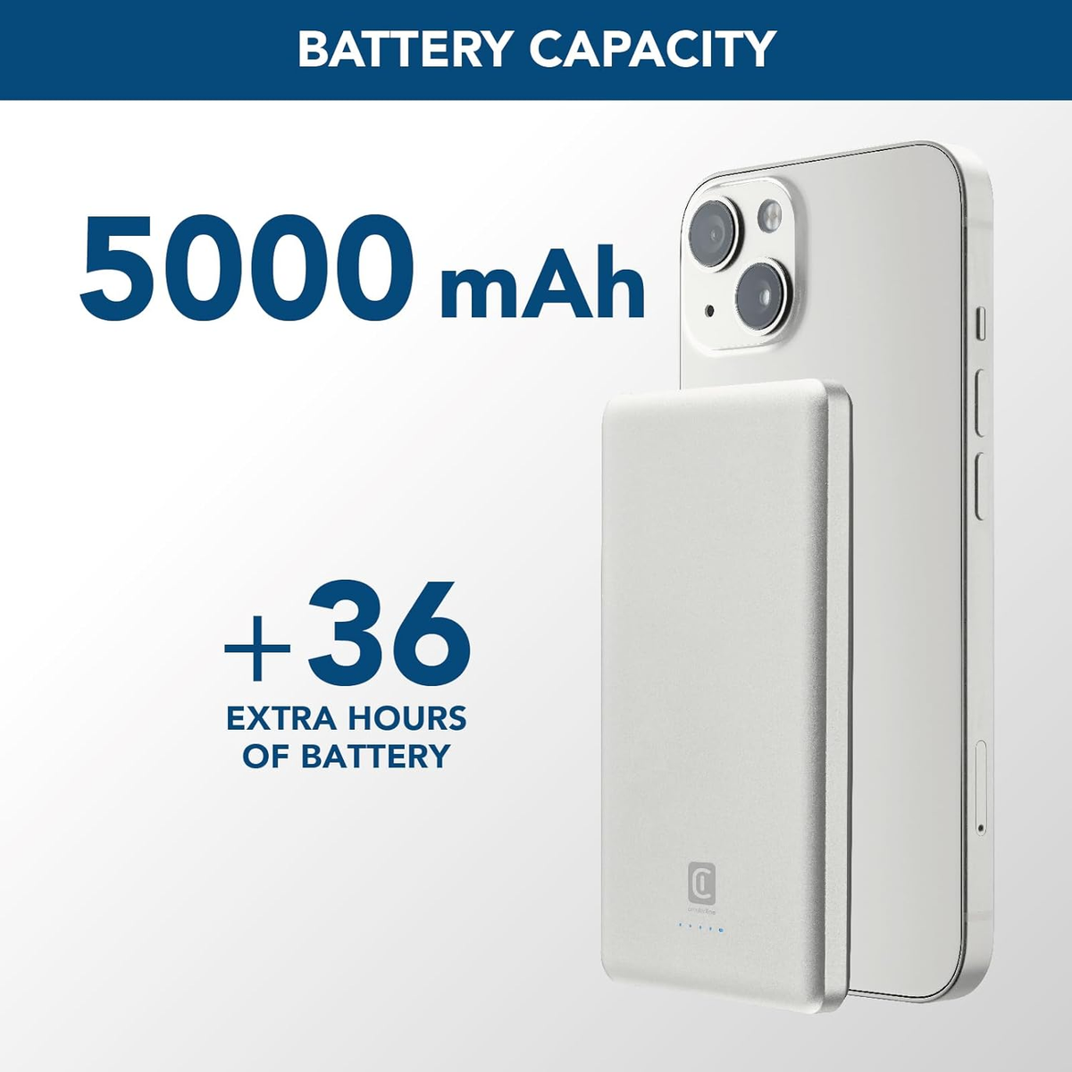 Batería externa plateada con iPhone, mostrando capacidad y horas extra.