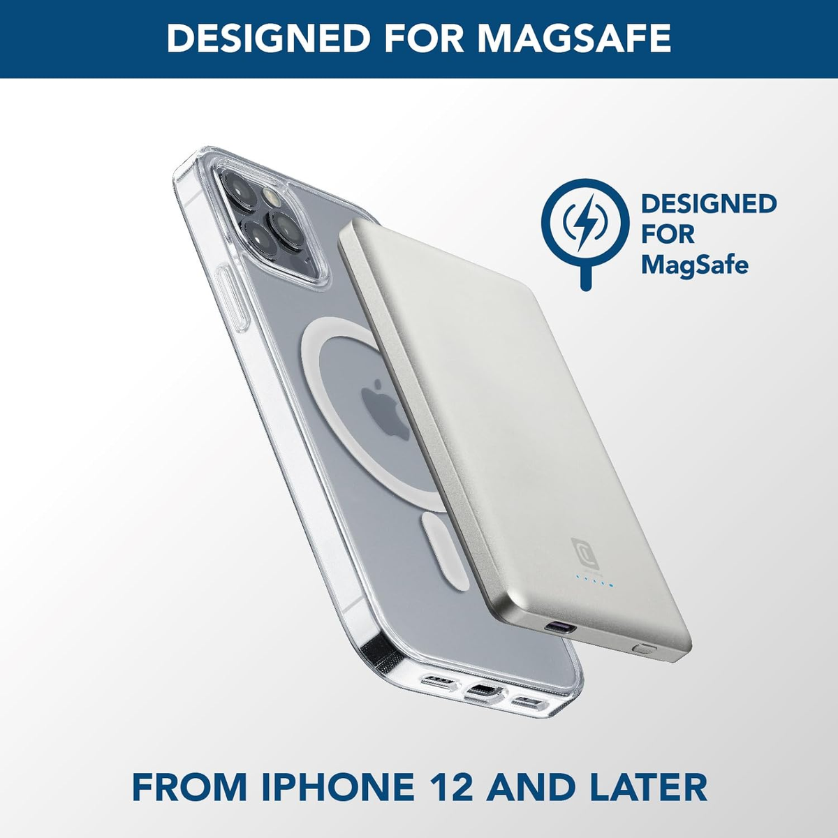 Teléfono en funda, un banco de energía plateado y texto: Designed for MagSafe, Desde iPhone 12.