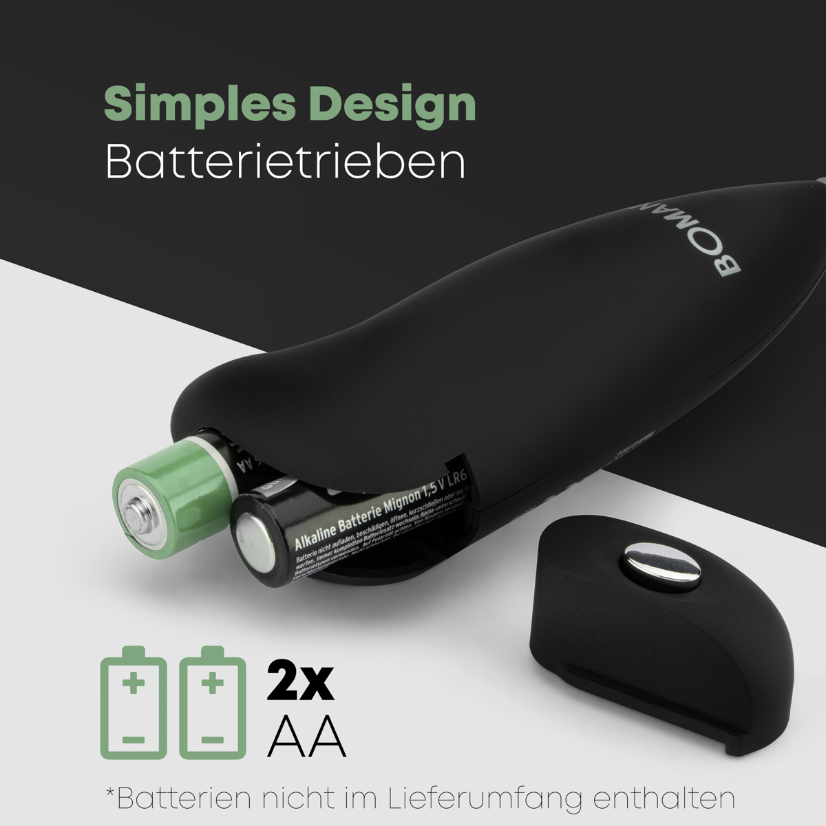 Czarne urządzenie z 2 bateriami AA i pokrywą. Tekst mówi 'Simples Design' i 'Batteriebetrieben'.