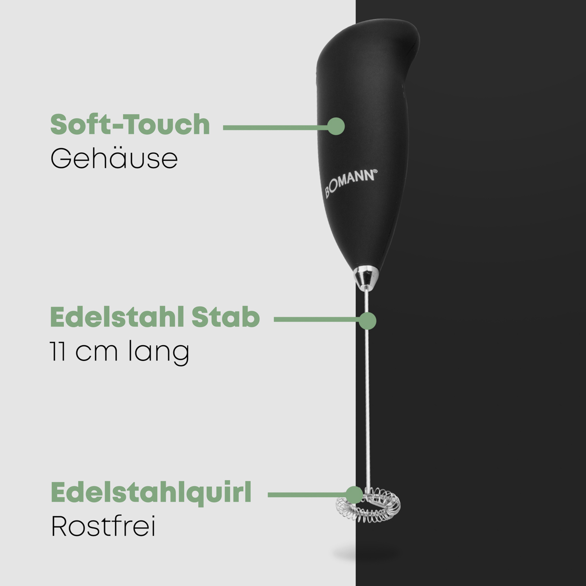 Czarny spieniacz do mleka ze stali nierdzewnej, z napisem 'BOMANN'.