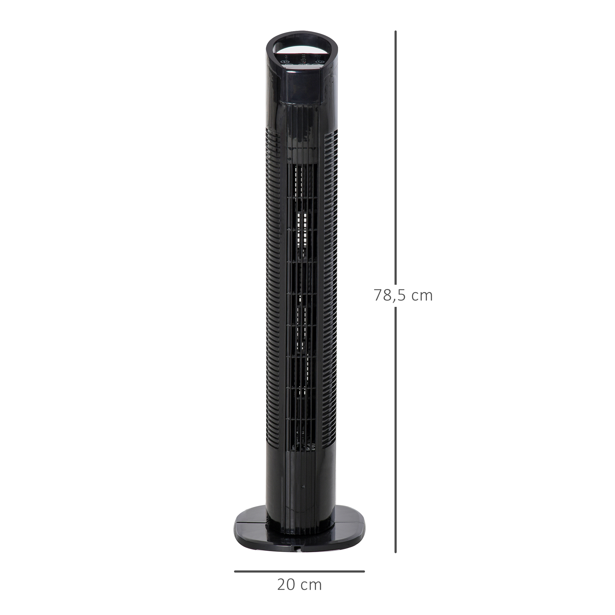 Ventilador de torre negro, con dimensiones: 78.5 cm altura, 20 cm ancho.