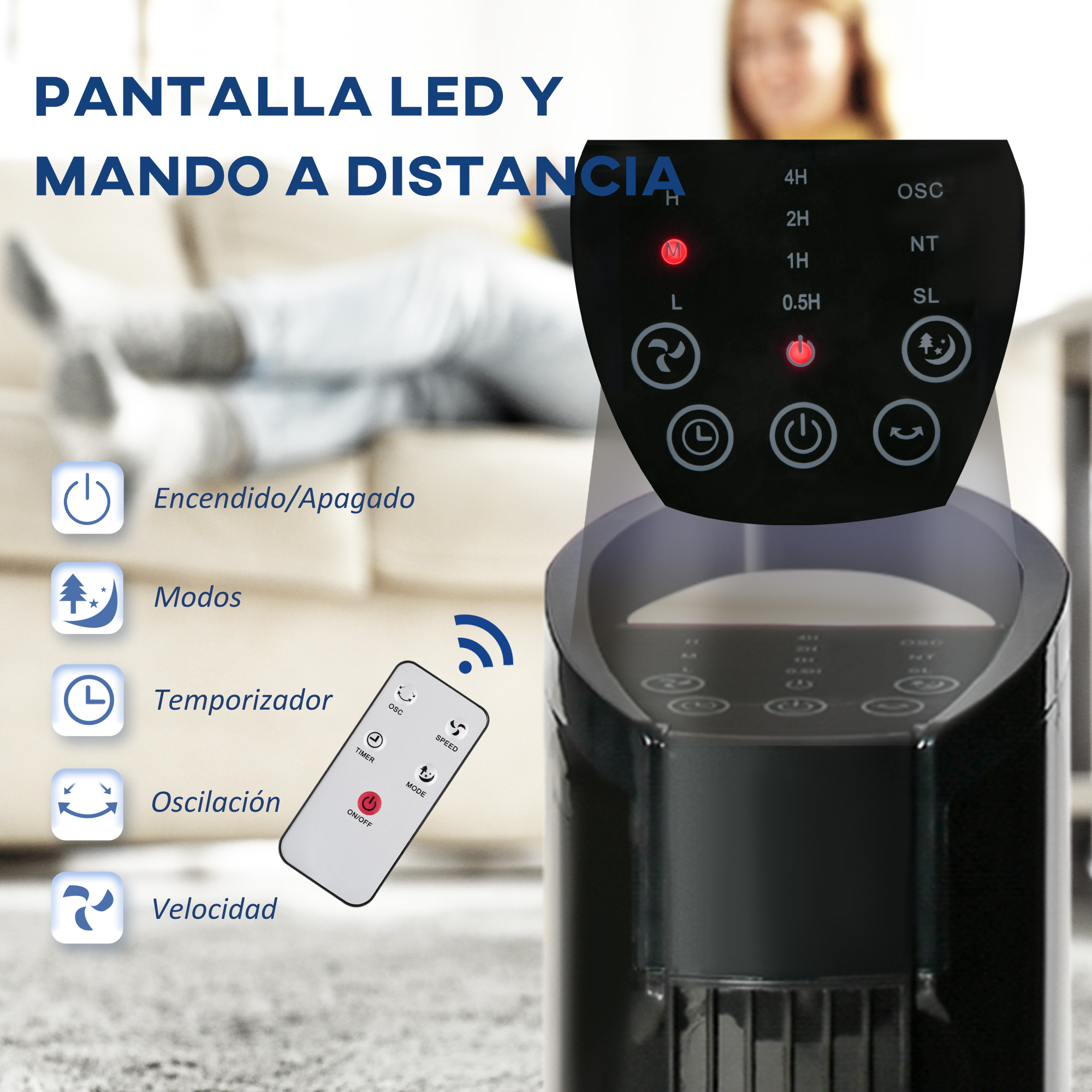 Un ventilador negro con panel de control y mando. El texto indica funciones y modos.