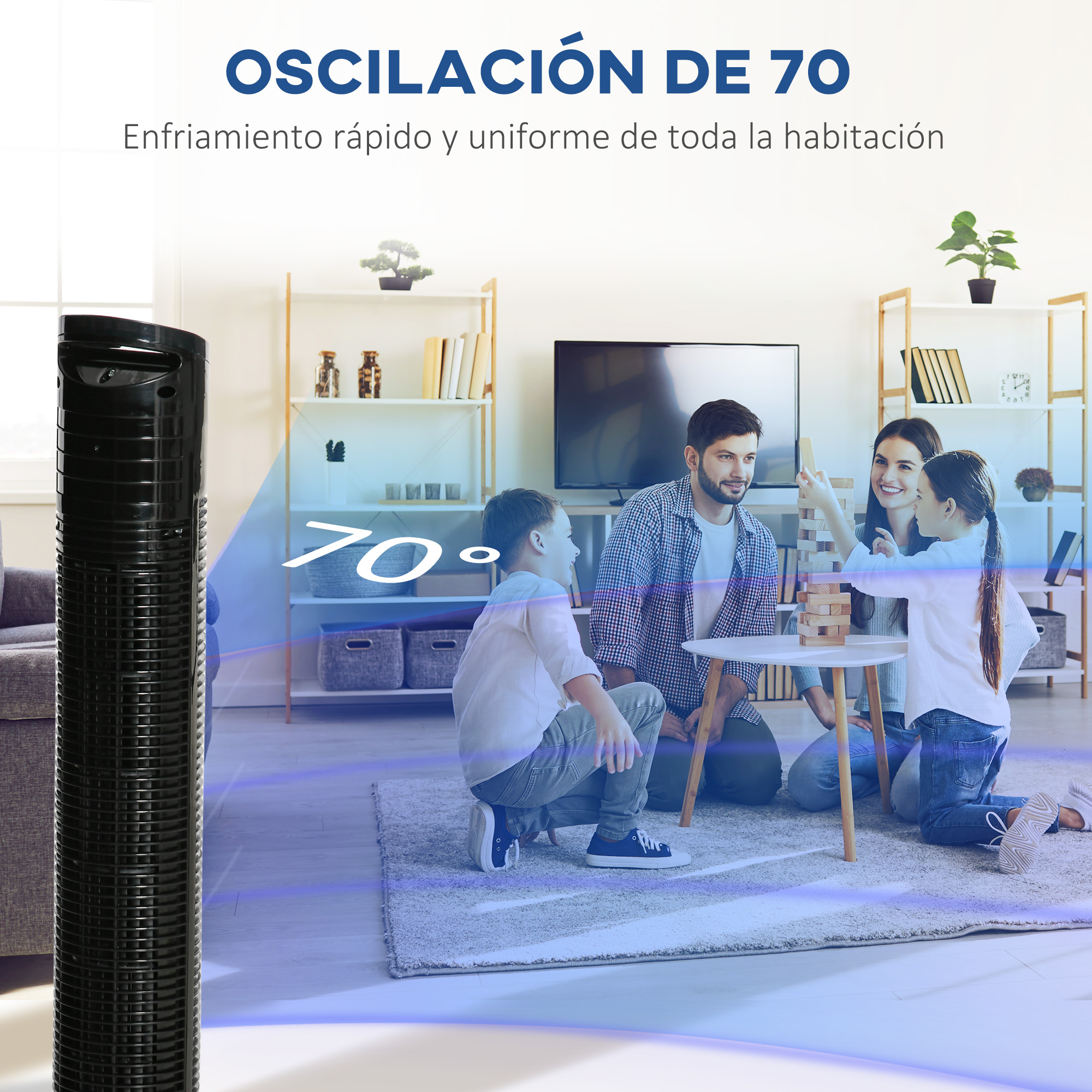 Familia jugando cerca de un ventilador de torre. Texto: '70 oscilación'.