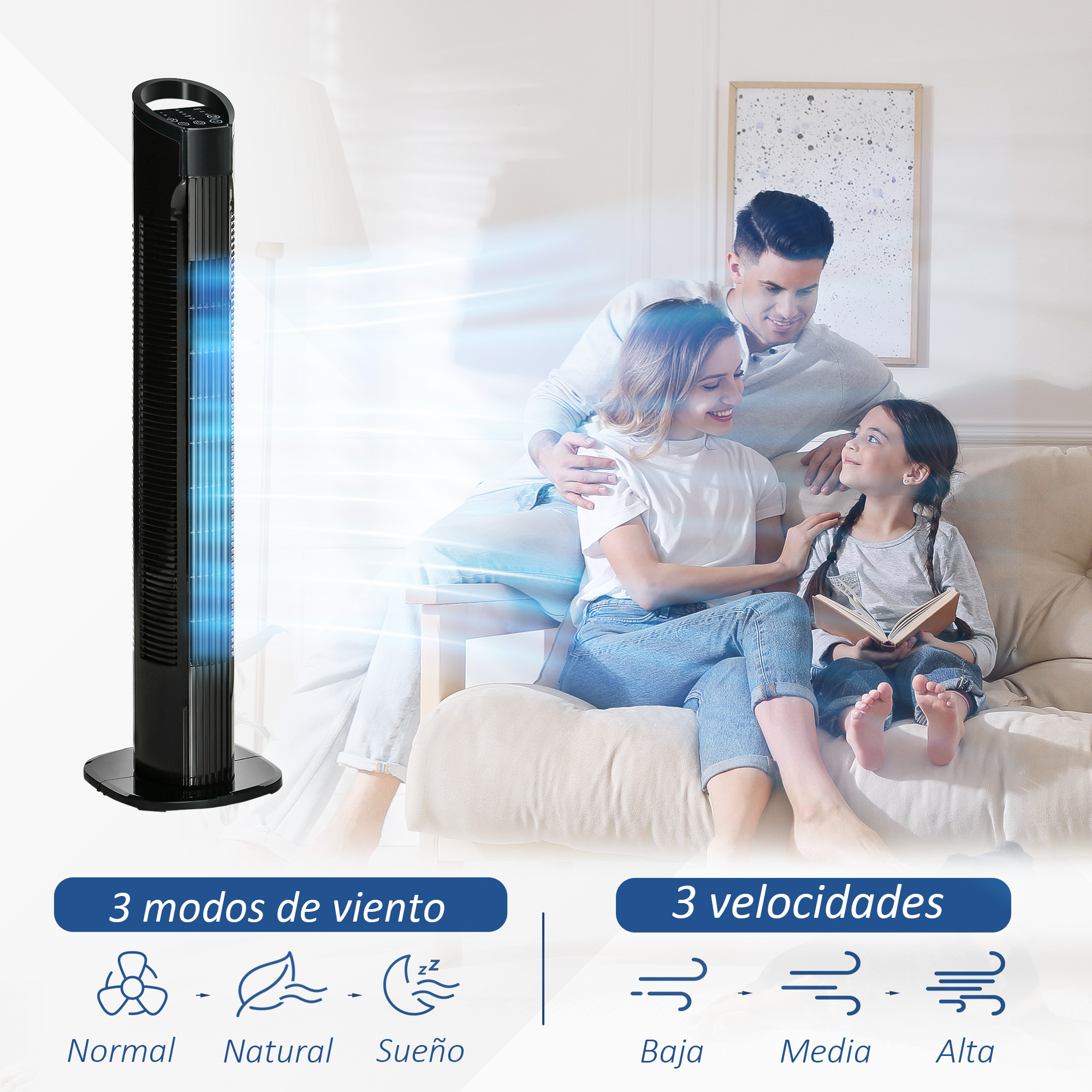 Ventilador torre negro con familia leyendo, mostrando modos y velocidades de viento.