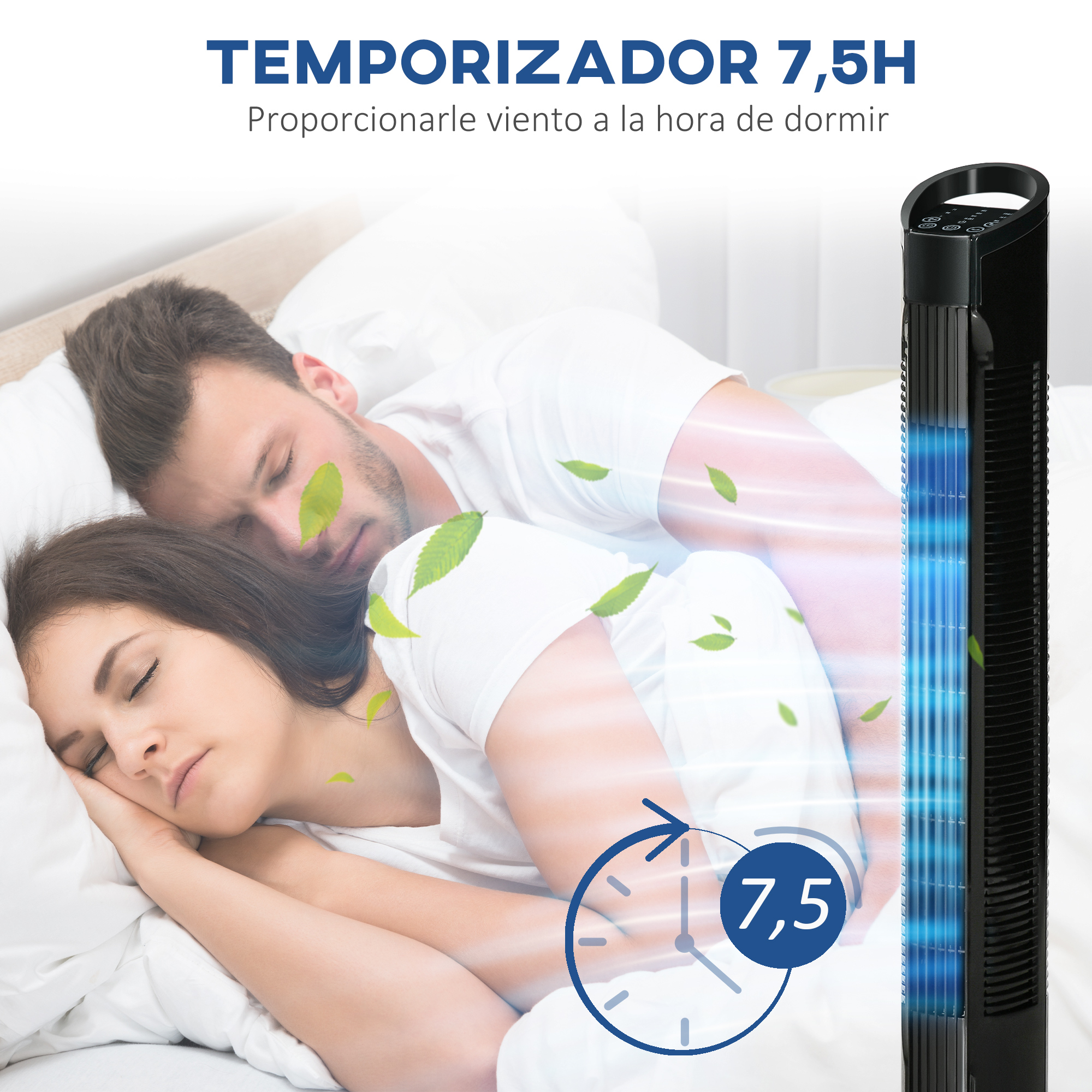 Una pareja durmiendo. Un ventilador con luces azules y hojas al frente.