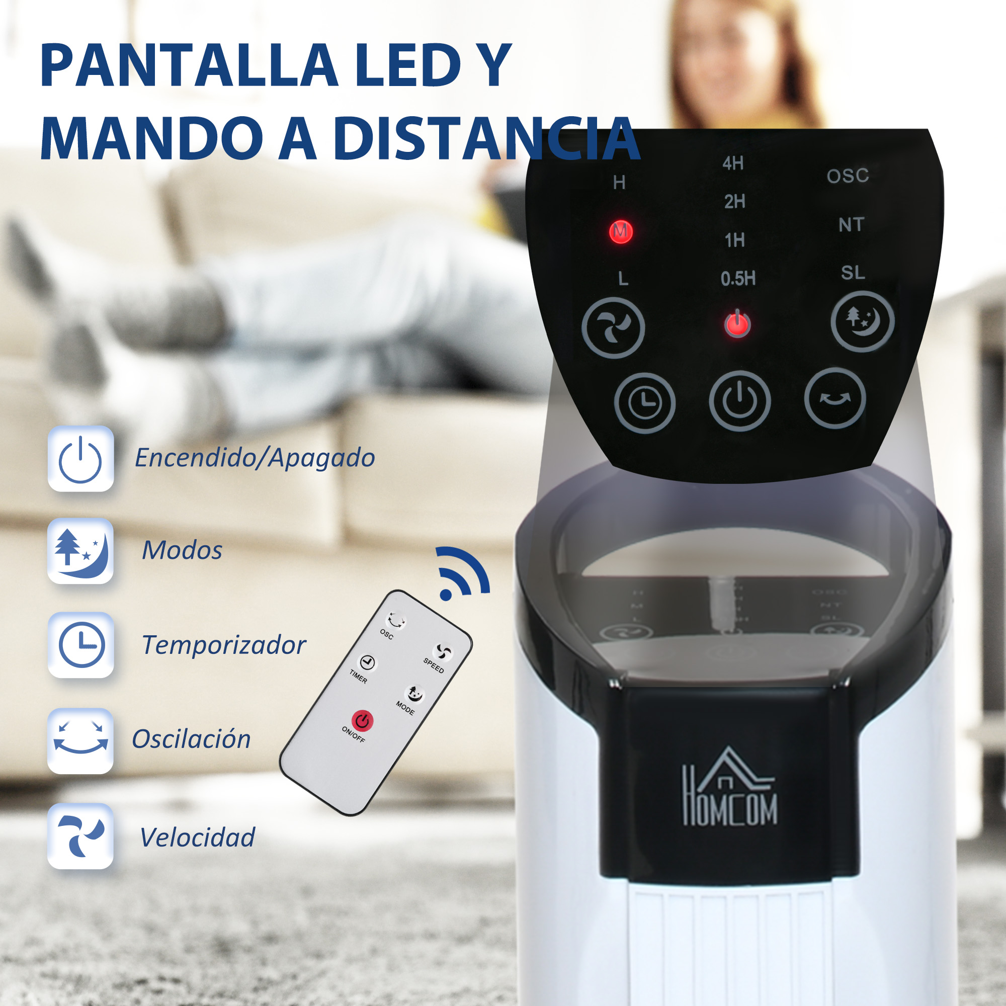Enfriador de aire blanco y negro con pantalla LED y mando a distancia. Texto e iconos en la pantalla.