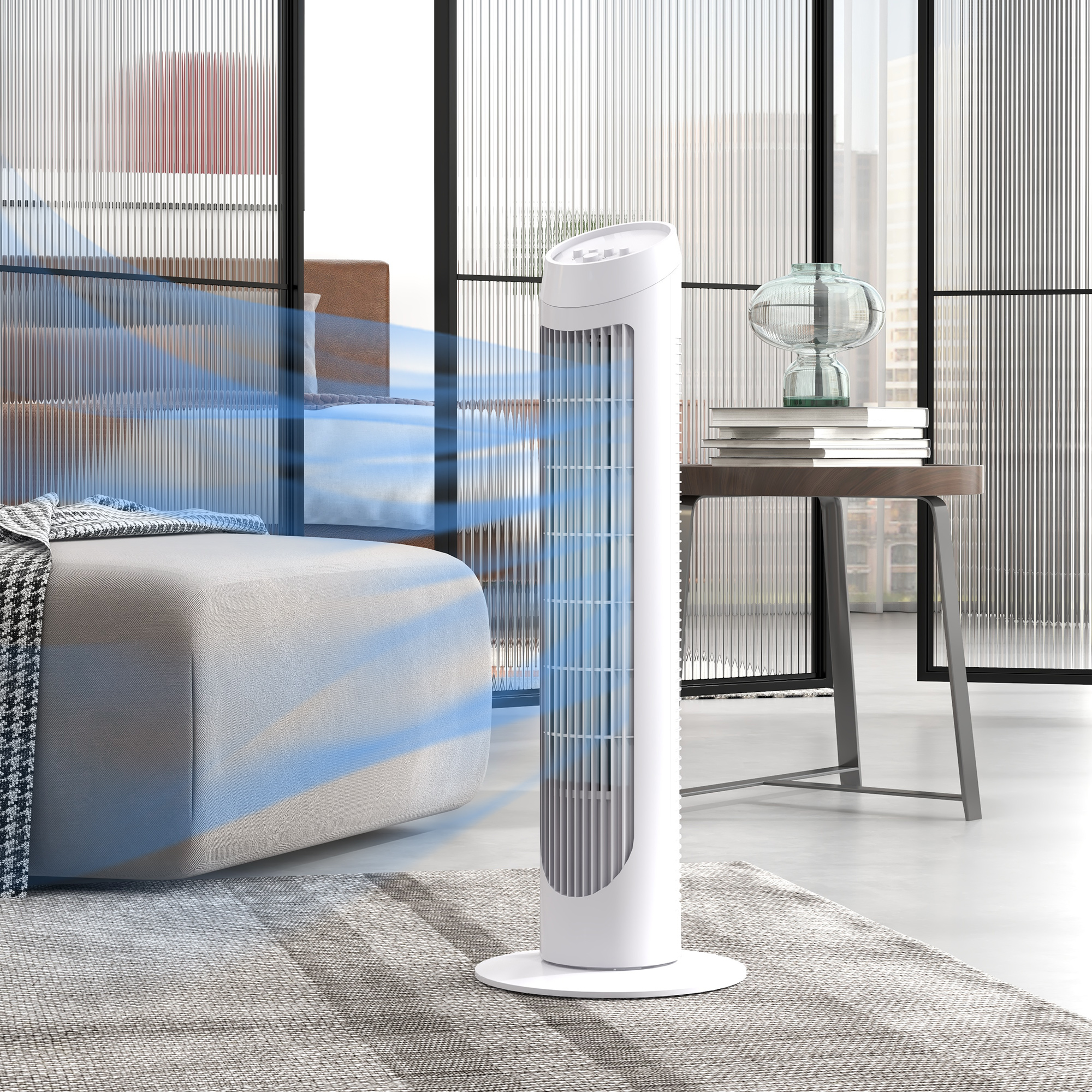 Ventilador de torre blanco con corriente de aire azul. Toma interior, diseño moderno, con muebles detrás.