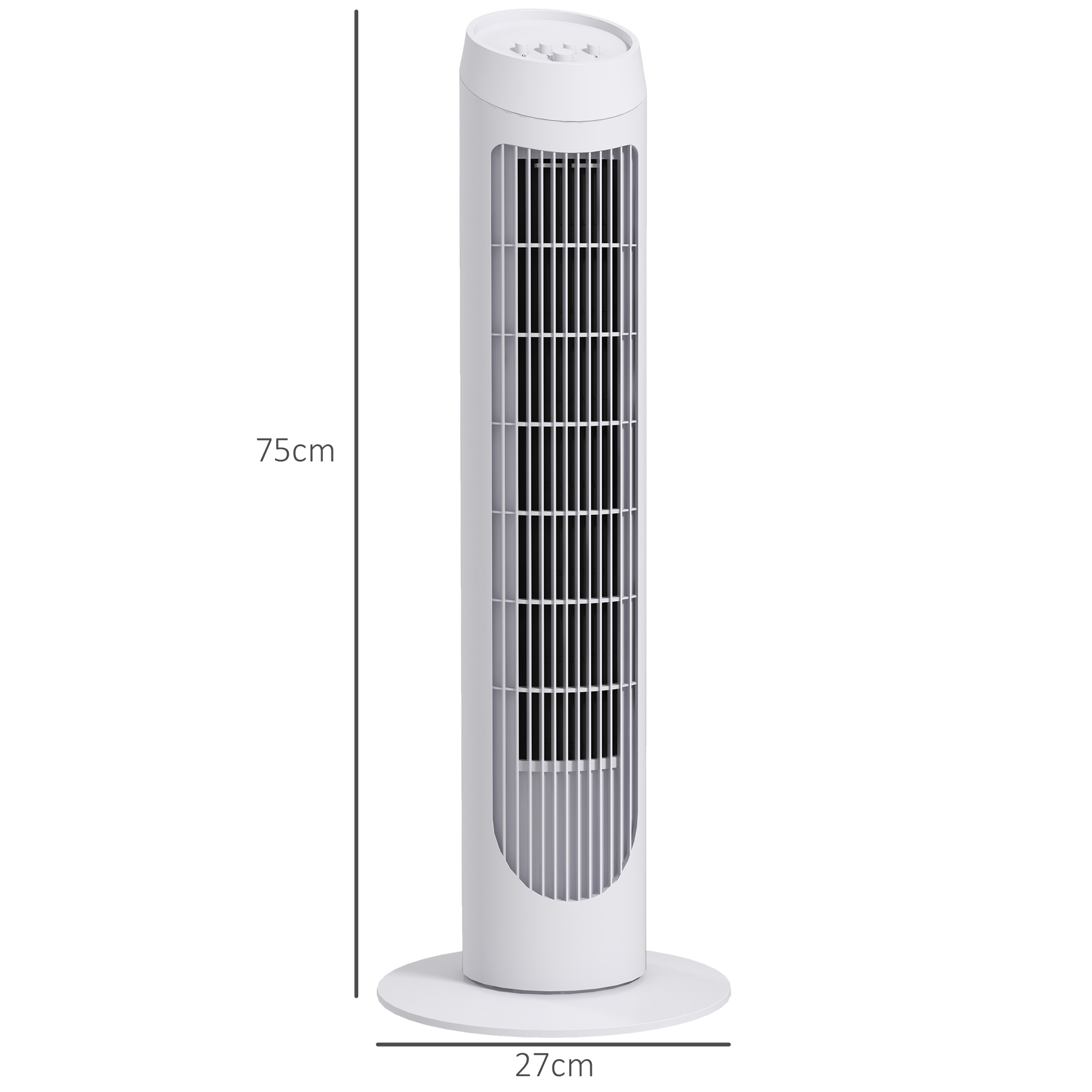 Ventilador de torre negro en una habitación, con rayas de aire azules, sobre una alfombra gris, con muebles.