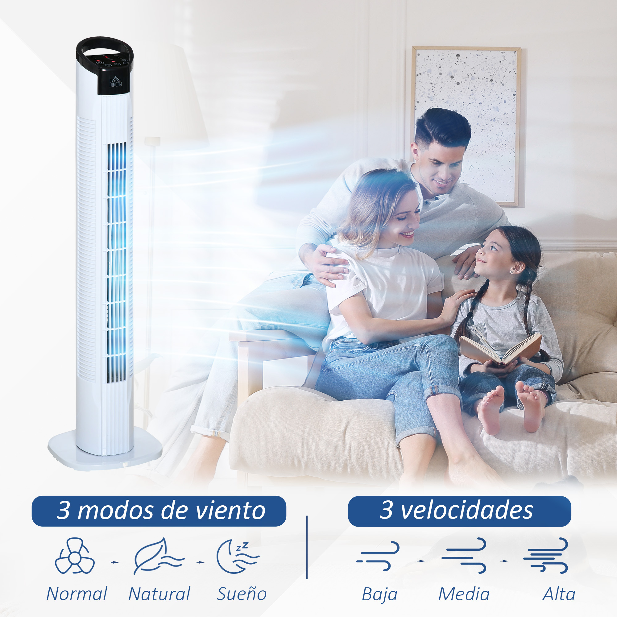 Ventilador de torre blanco, una familia en un sofá e iconos de modos y velocidades de viento.