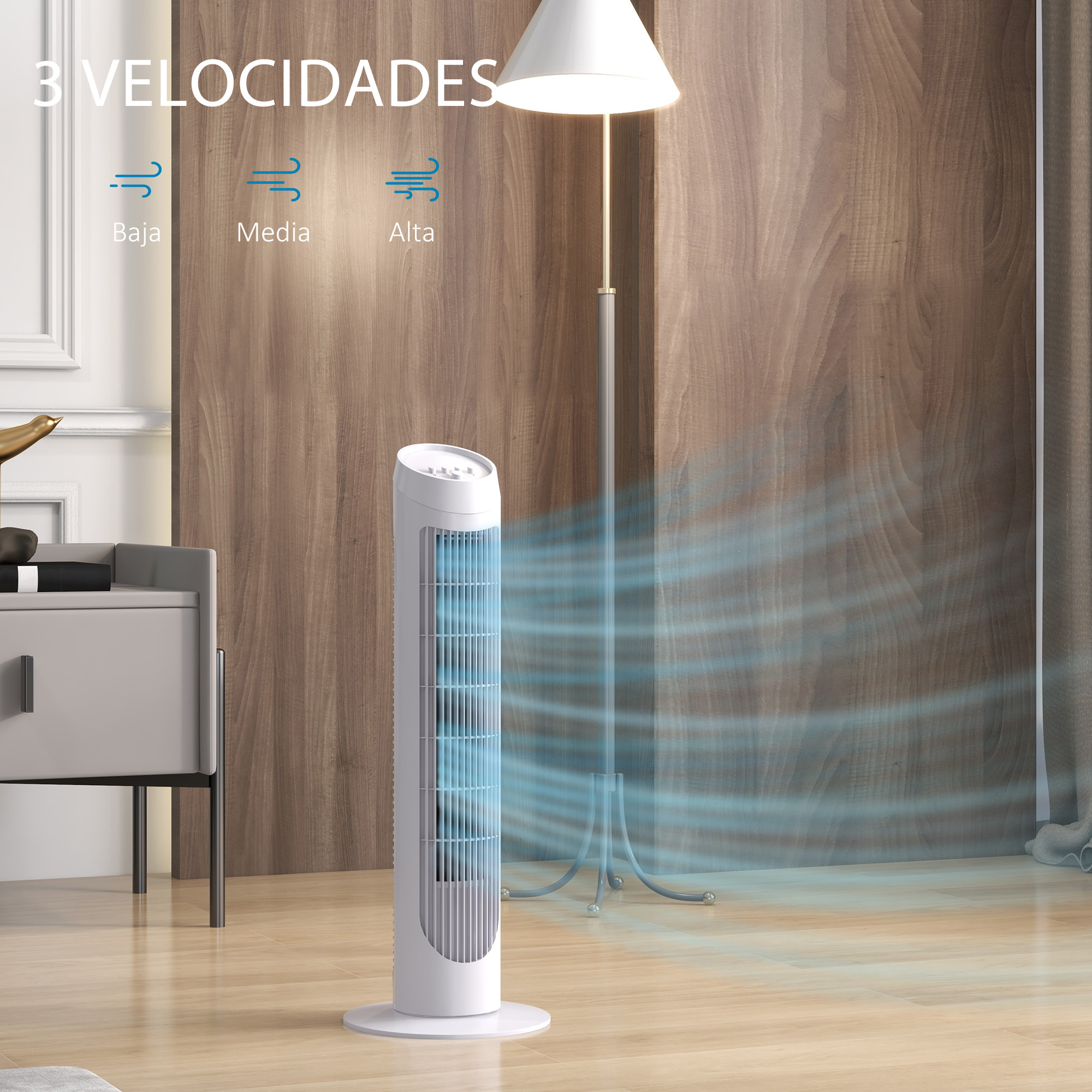 Un ventilador de torre blanco con tres ajustes de velocidad, ambiente interior.