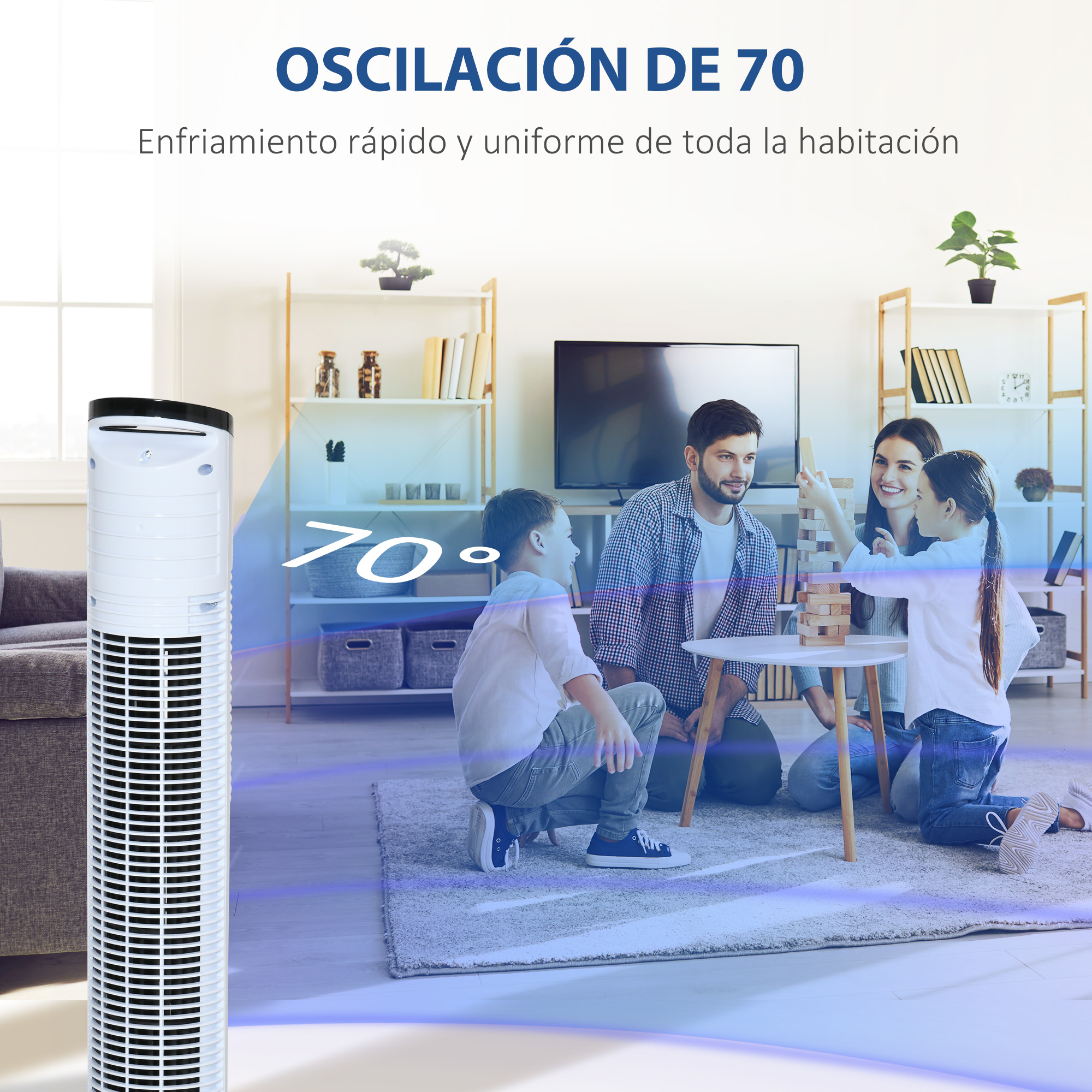 Ventilador de torre blanco en salón. Familia jugando a un juego de mesa en una mesa de centro.
