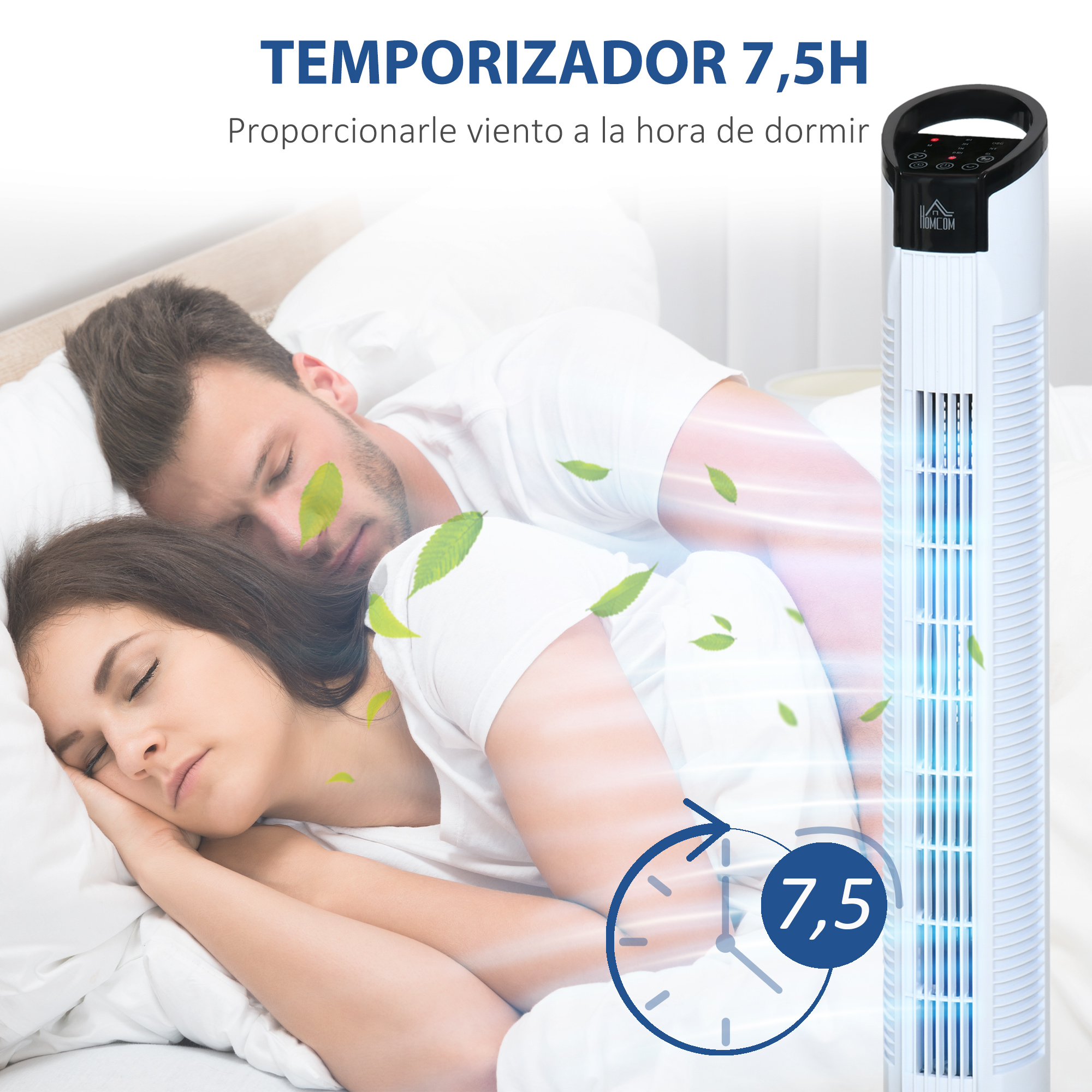 Una pareja durmiendo en la cama con un ventilador blanco. Se muestra un temporizador en el ventilador.