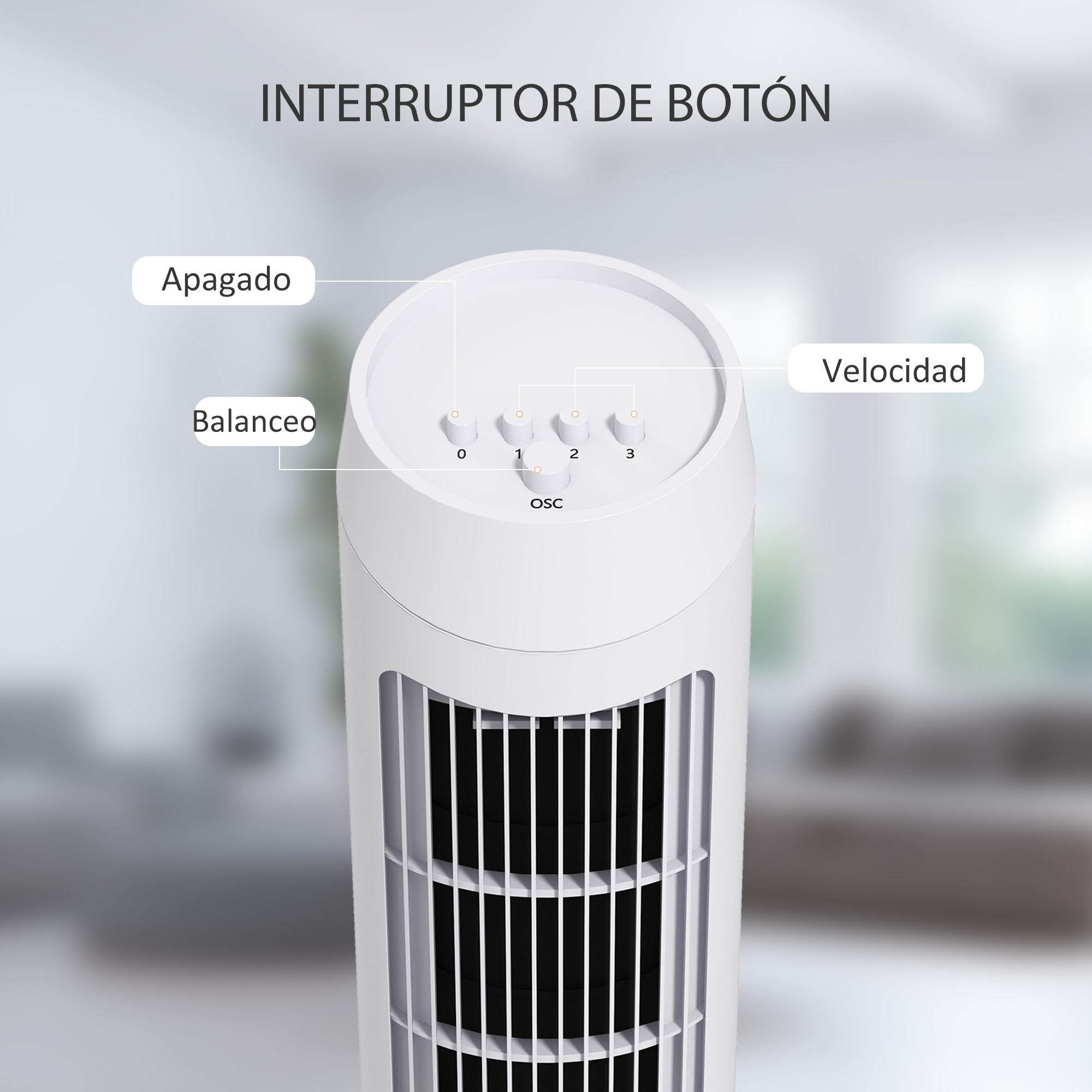 Ventilador de torre blanco con tres botones etiquetados: Apagado, Balanceo y Velocidad (Apagado, Oscilación y Velocidad), y ajustes numerados.
