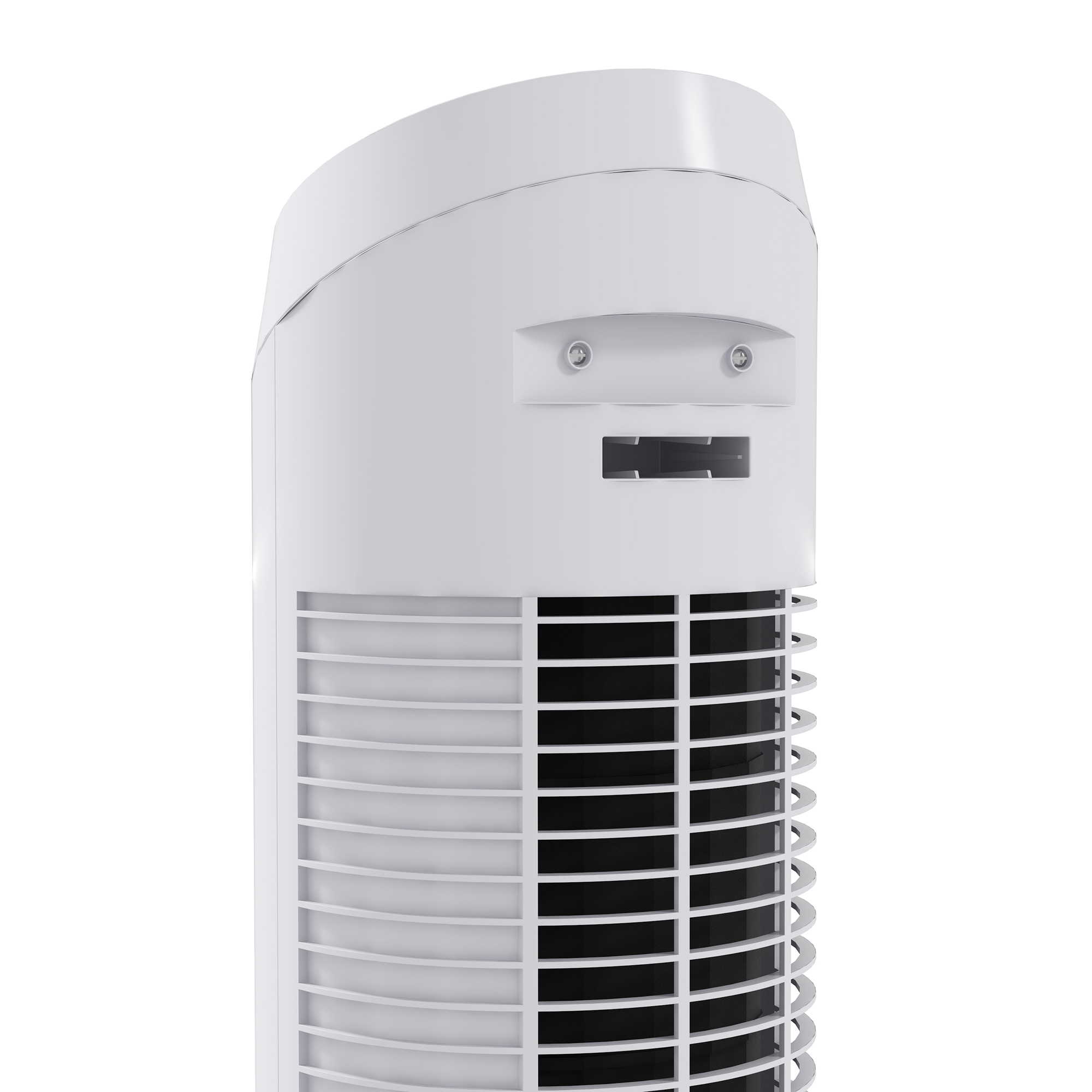 Ventilador de torre blanco, vista trasera, con rejillas y un pequeño panel. Los tornillos son visibles.