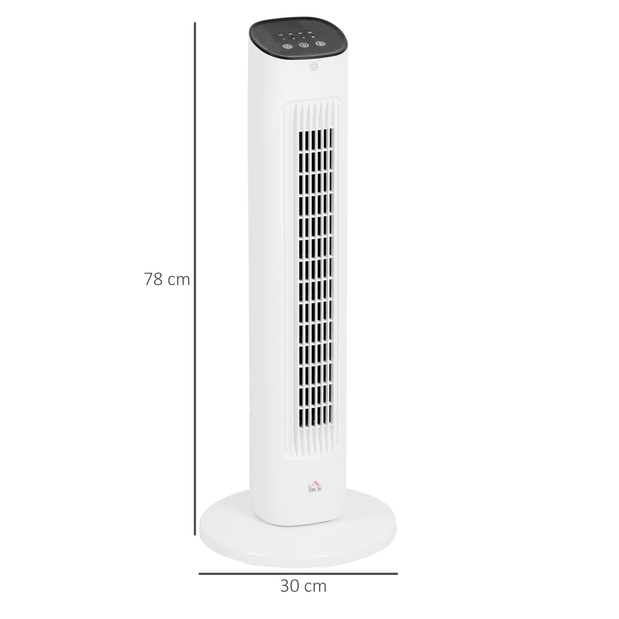 Ventilador de torre blanco alto con dimensiones: 78 cm alto, base 30 cm, fondo blanco.
