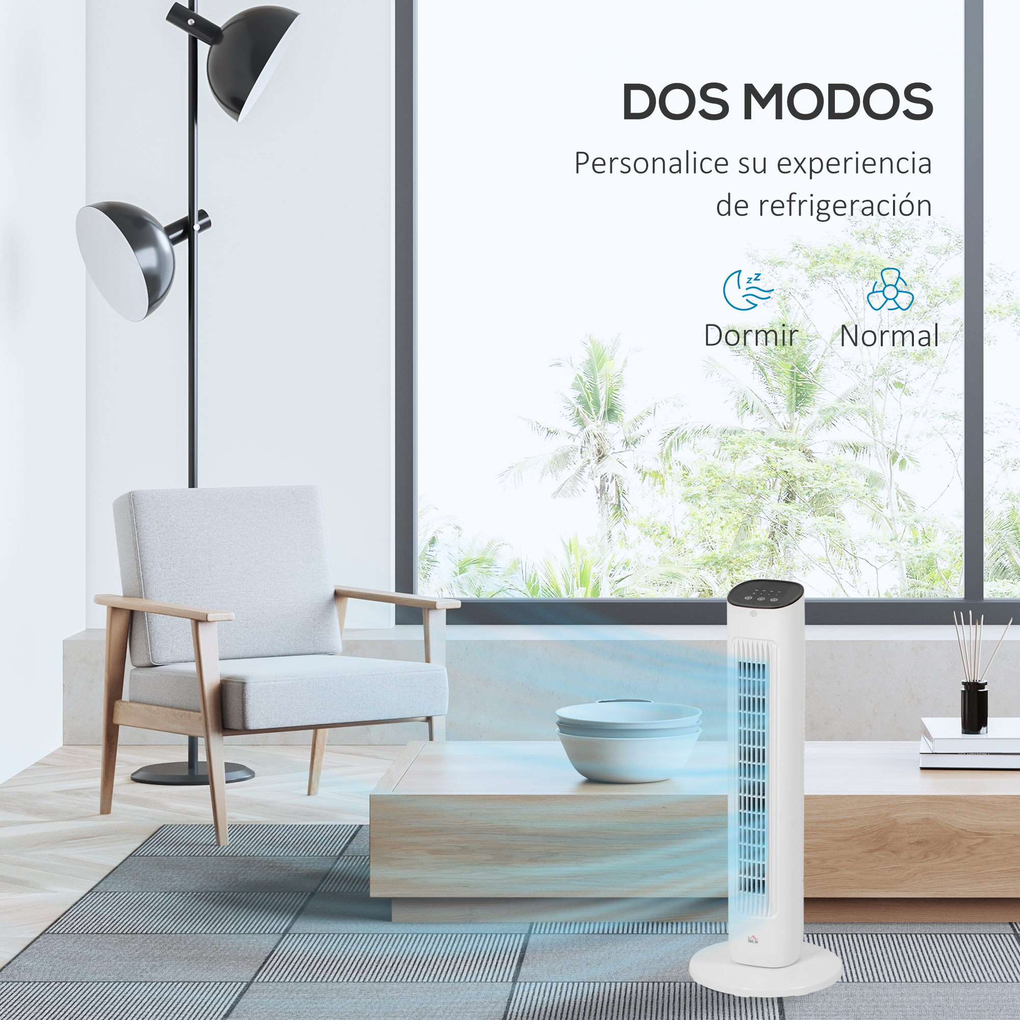 Salón moderno con ventilador de torre blanco. Ofrece modos sueño y normal.