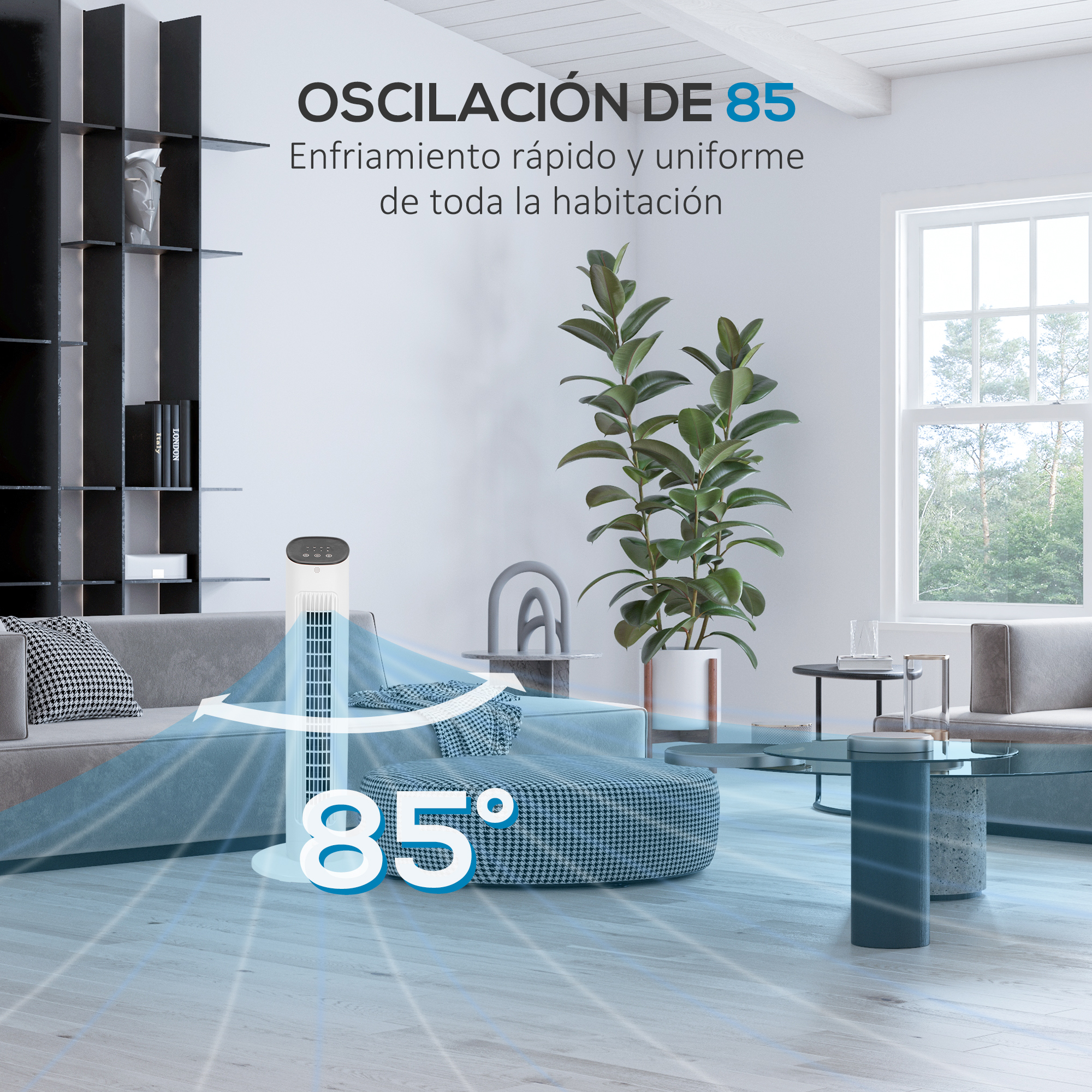 Ventilador de torre blanco. El texto dice 'Oscilación de 85, Enfriamiento rápido y uniforme'.