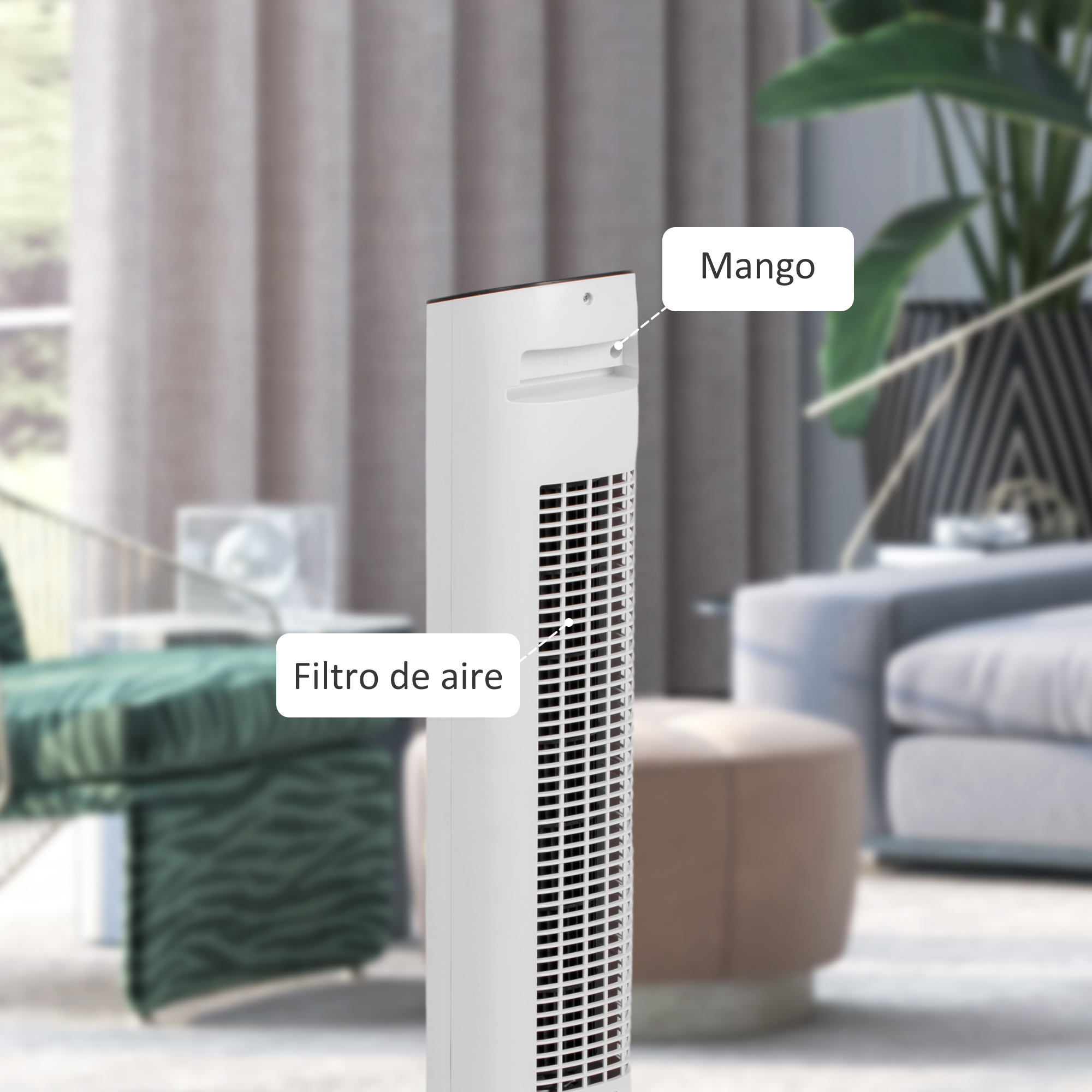 Un ventilador de torre blanco con filtro de aire y etiqueta 'Mango'.