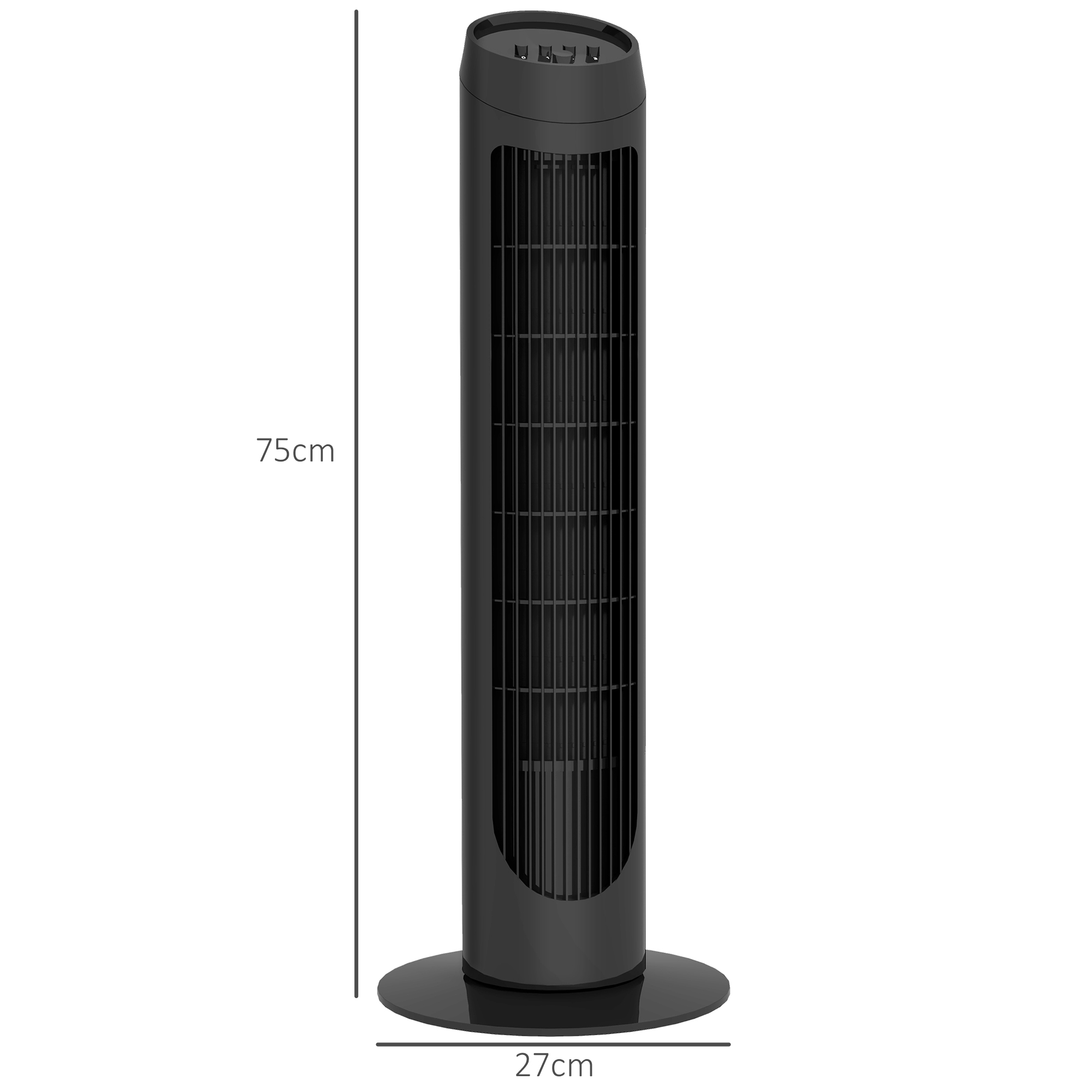 Ventilador de torre negro, 75cm alto y 27cm ancho, con base redonda sobre fondo blanco.