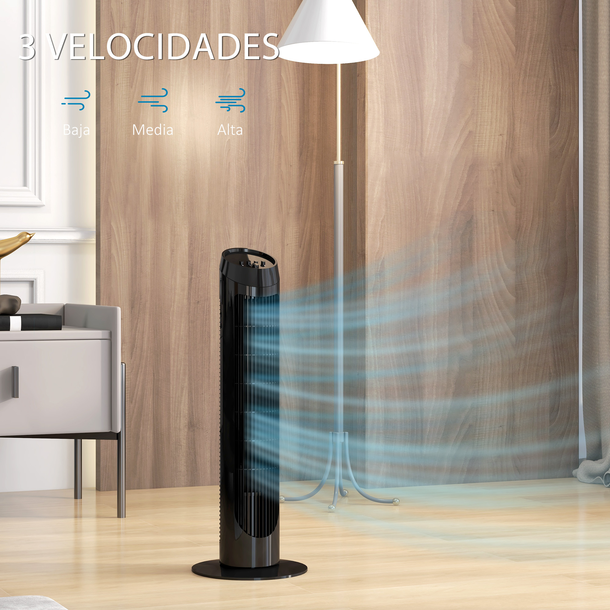 Ventilador de torre negro en una habitación. El texto indica 3 velocidades: baja, media y alta.