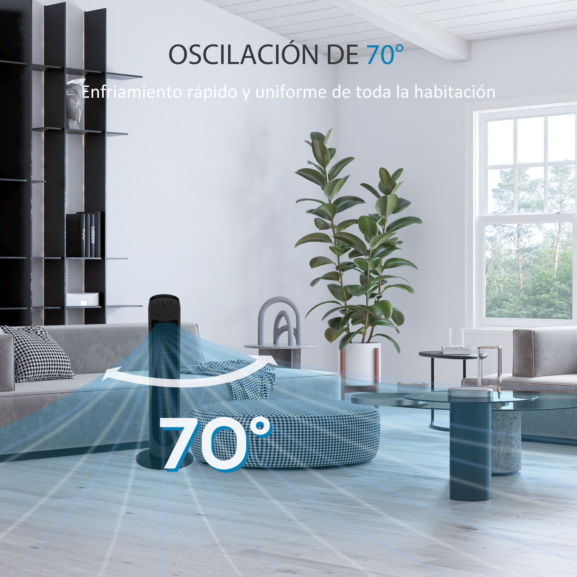 Un ventilador negro en una habitación. El texto dice: Oscilación de 70° para una refrigeración uniforme.