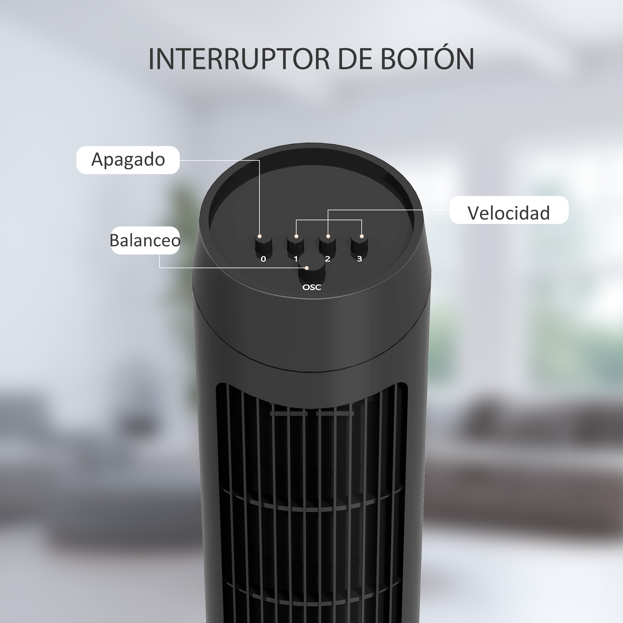Primer plano del panel de control de un ventilador negro con botones para apagado, equilibrio y velocidad.