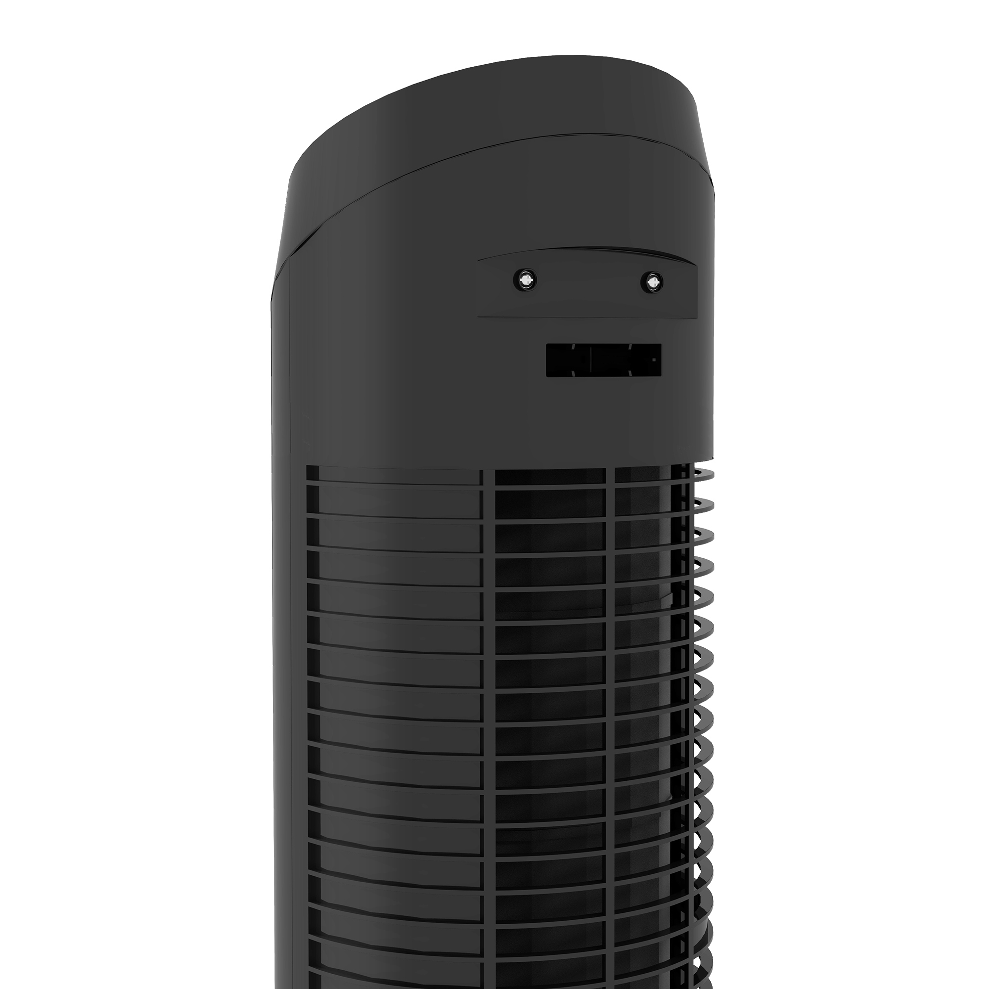 Ventilador de torre negro, vista trasera, con ranuras de ventilación y parte superior curvada.