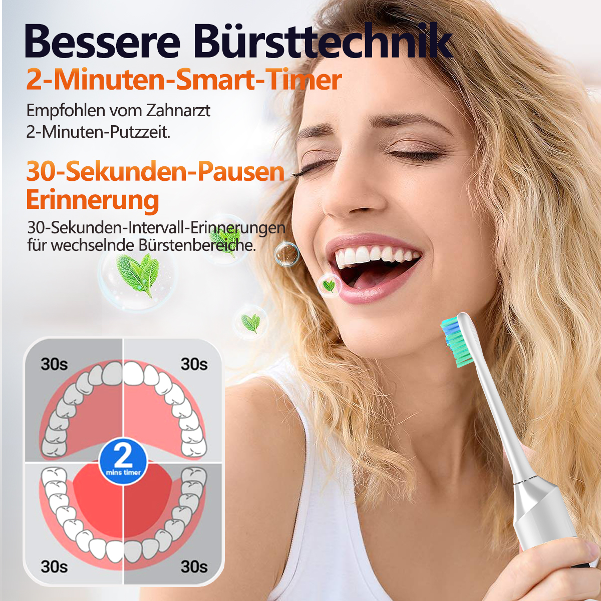 Eine Frau lächelt, während sie eine elektrische Zahnbürste und grafische Darstellungen des Zähneputzens hält.
