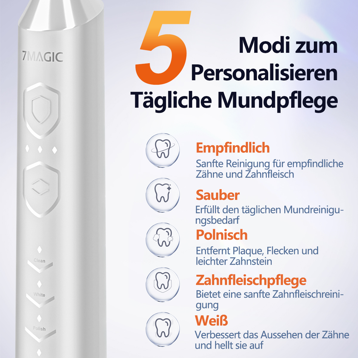 Eine weiße elektrische Zahnbürste mit Display und Modus-Symbolen. Der Text lautet: Modi zum Personalisieren.