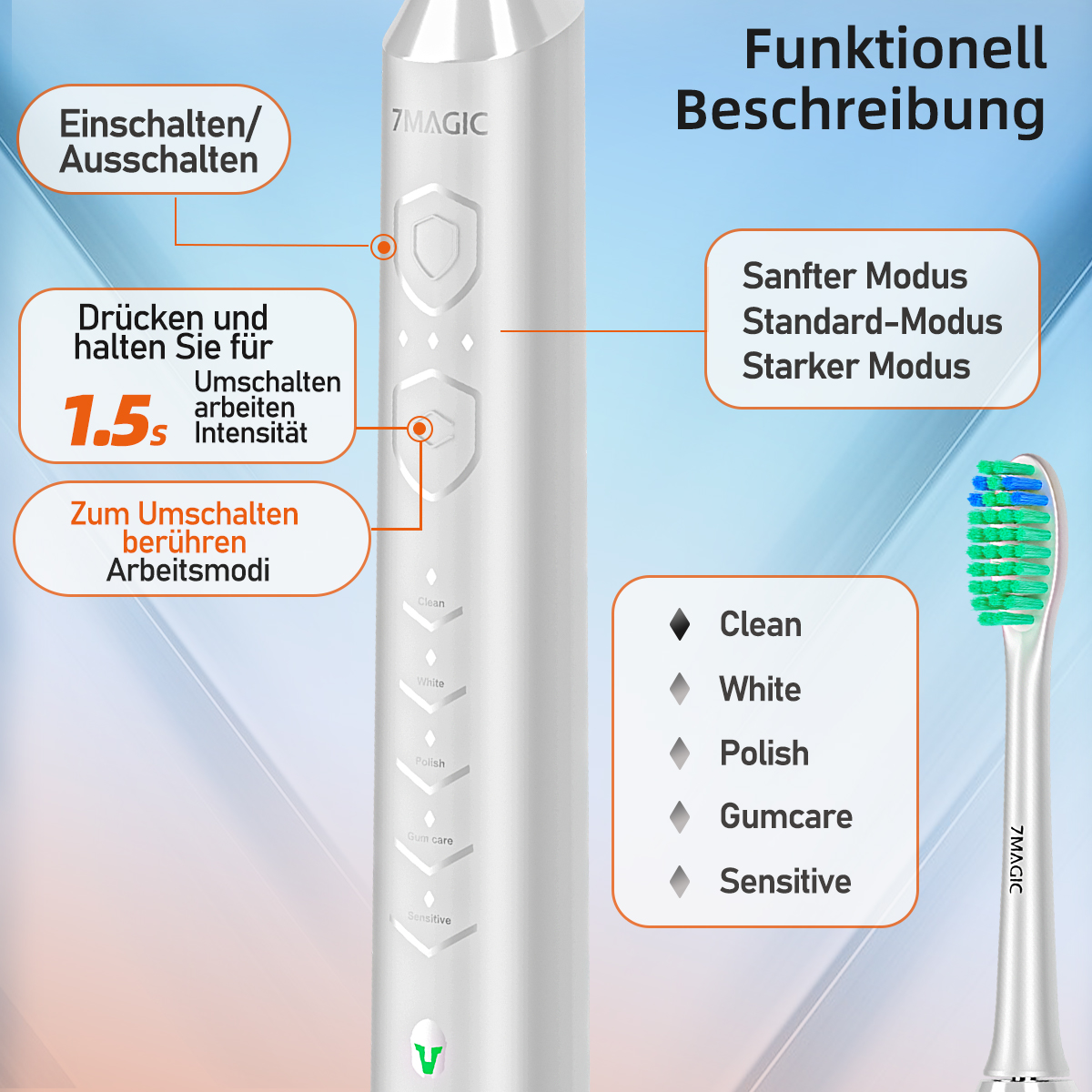 Weiße elektrische Zahnbürste mit Modi-Optionen und einem Bürstenkopf. Informationssymbole.