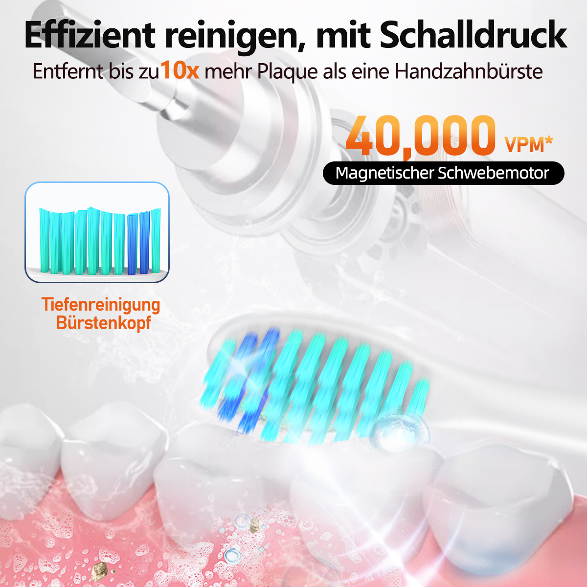 Elektrische Zahnbürste mit Nahaufnahme der Borsten. Das Bild zeigt Zähne und die Bürste, die sie reinigt.