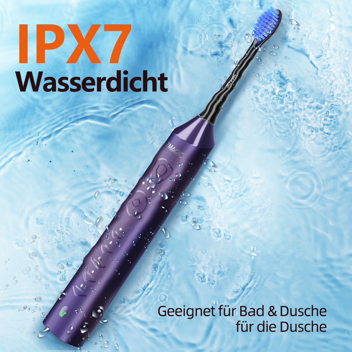 Eine lila elektrische Zahnbürste mit blauem Bürstenkopf und Text: 'IPX7 Wasserdicht' und 'Geeignet für Bad & Dusche'.