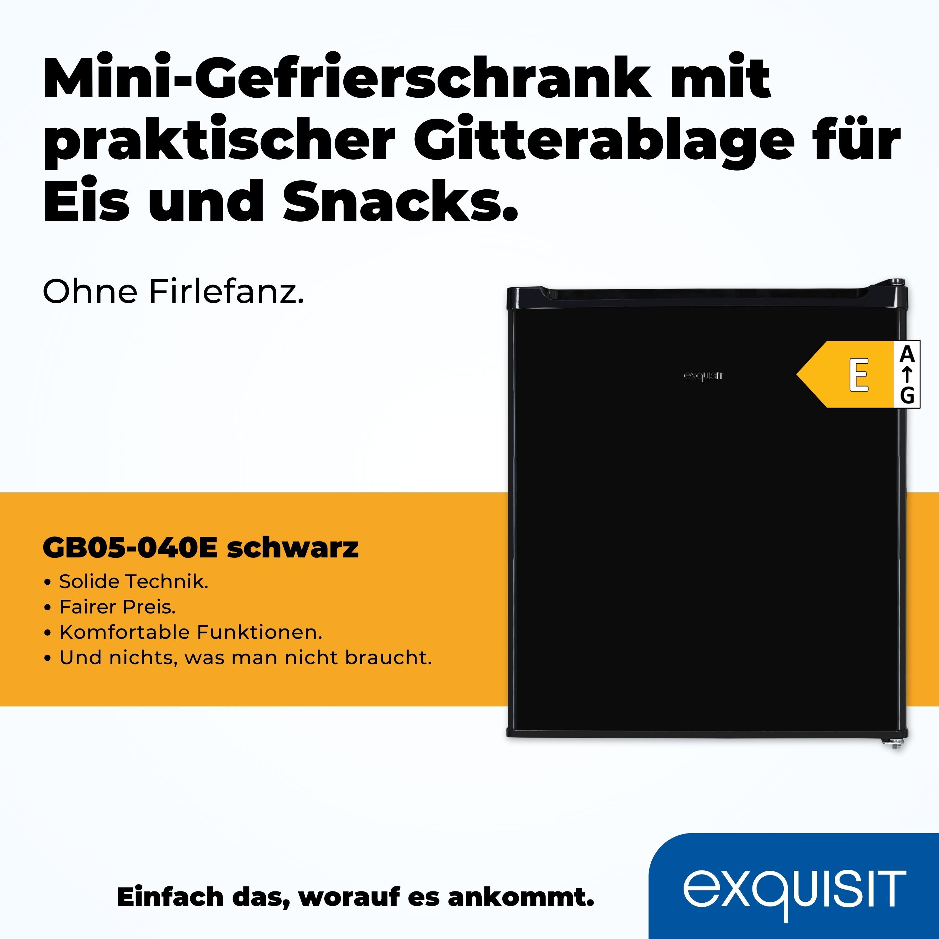 Schwarzer Mini-Kühlschrank mit Text und Energielabel, auf weißem Hintergrund.