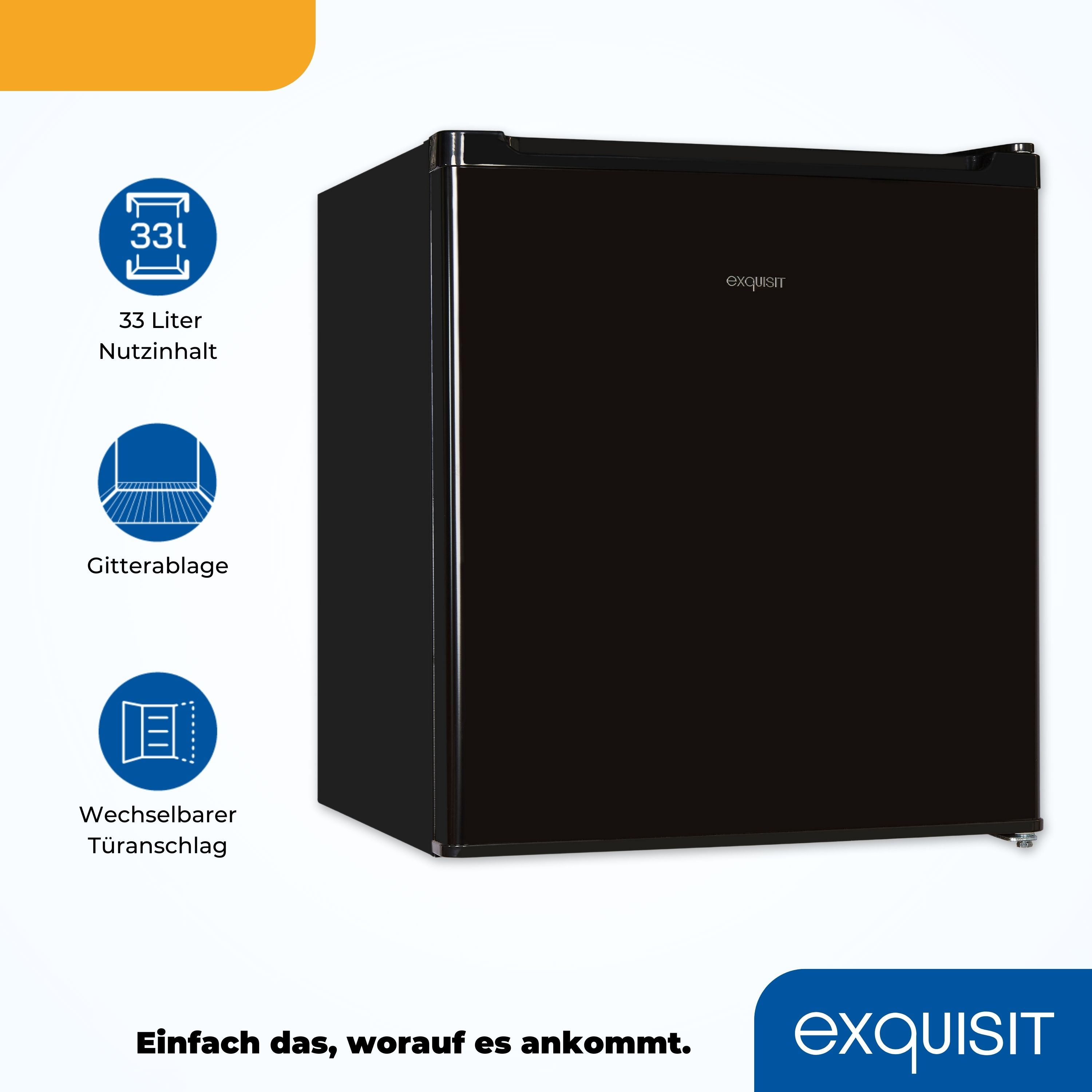 Schwarzer Kühlschrank mit schwarzer Tür. Er hat Symbole und Text an der Seite.