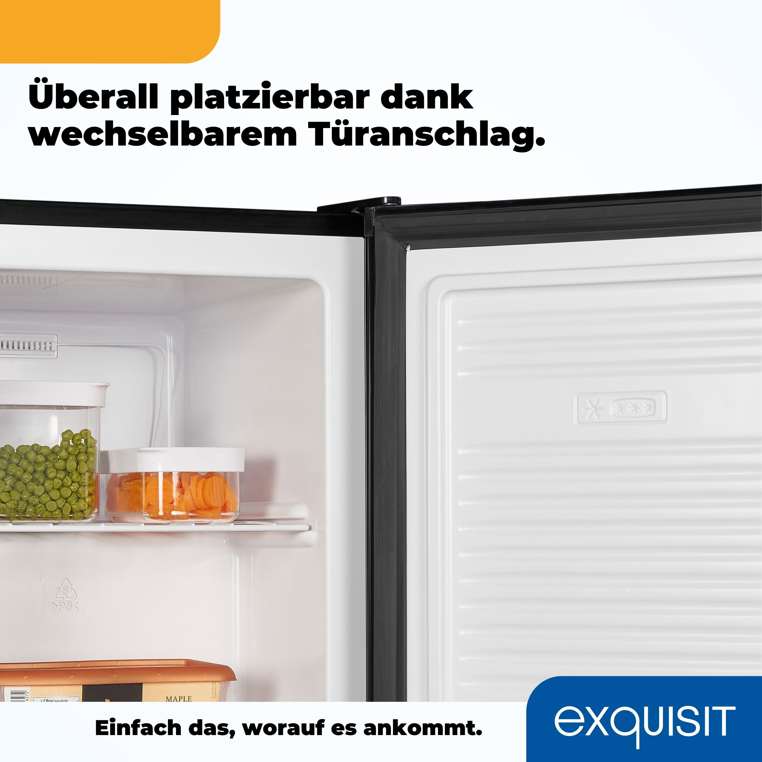 Ein weißer Kühlschrankinnenraum mit zwei Lebensmittelbehältern. Enthält Erbsen, Karotten. Schwarzer Rahmen, weißer Hintergrund.