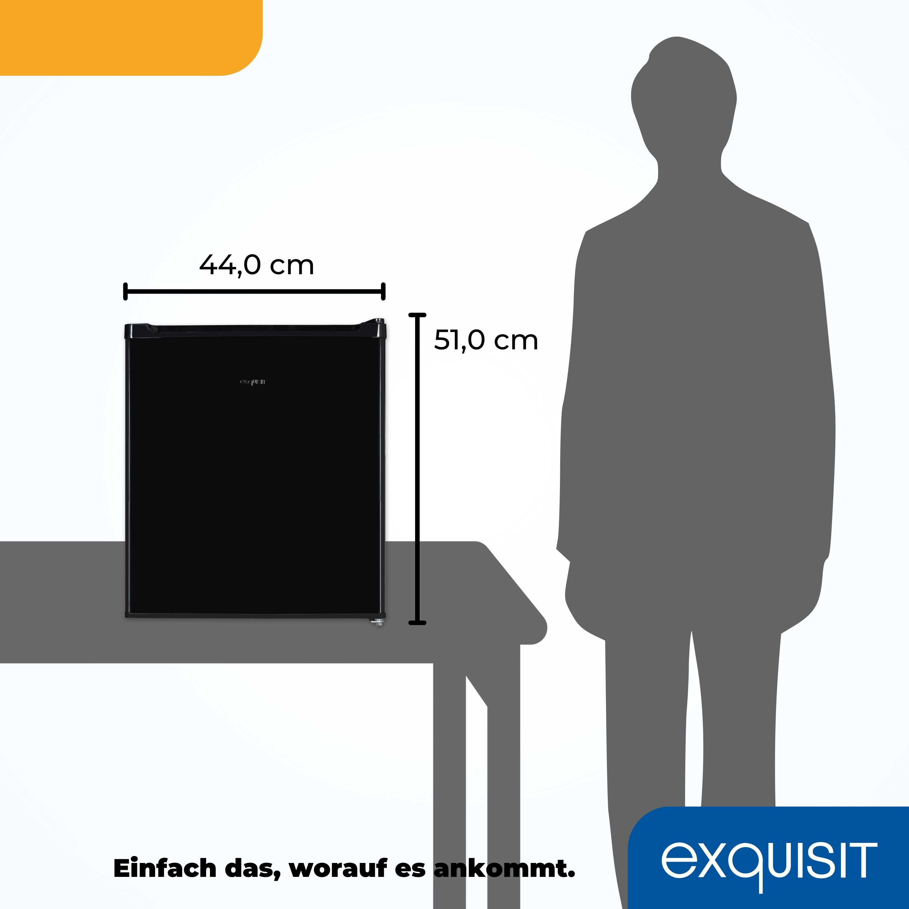 Ein schwarzer Mini-Kühlschrank mit Größenangaben neben einer Personensilhouette.