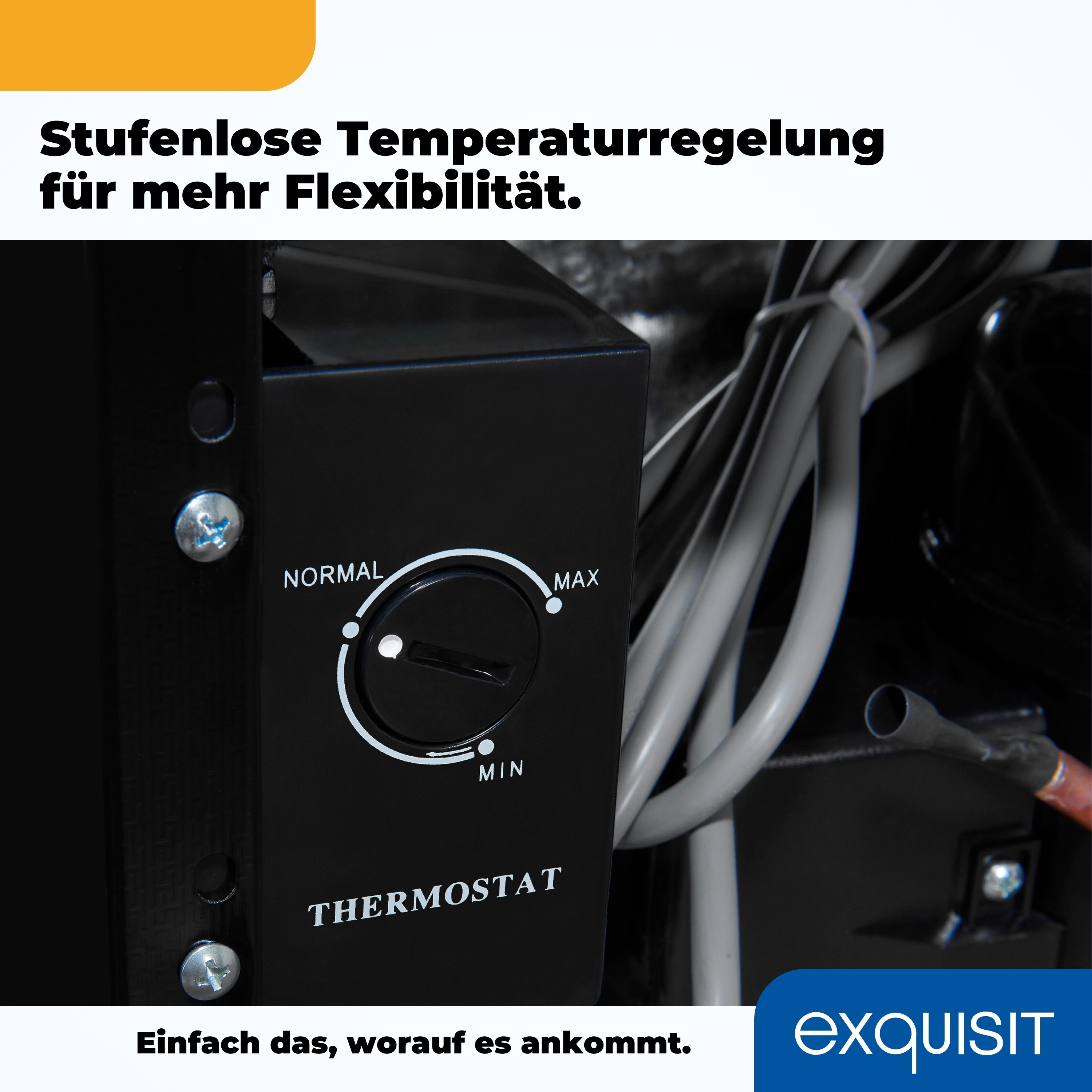 Schwarzer Thermostat mit Drehregler zur Steuerung der Temperatureinstellungen, beschriftet mit Normal, Min, Max.
