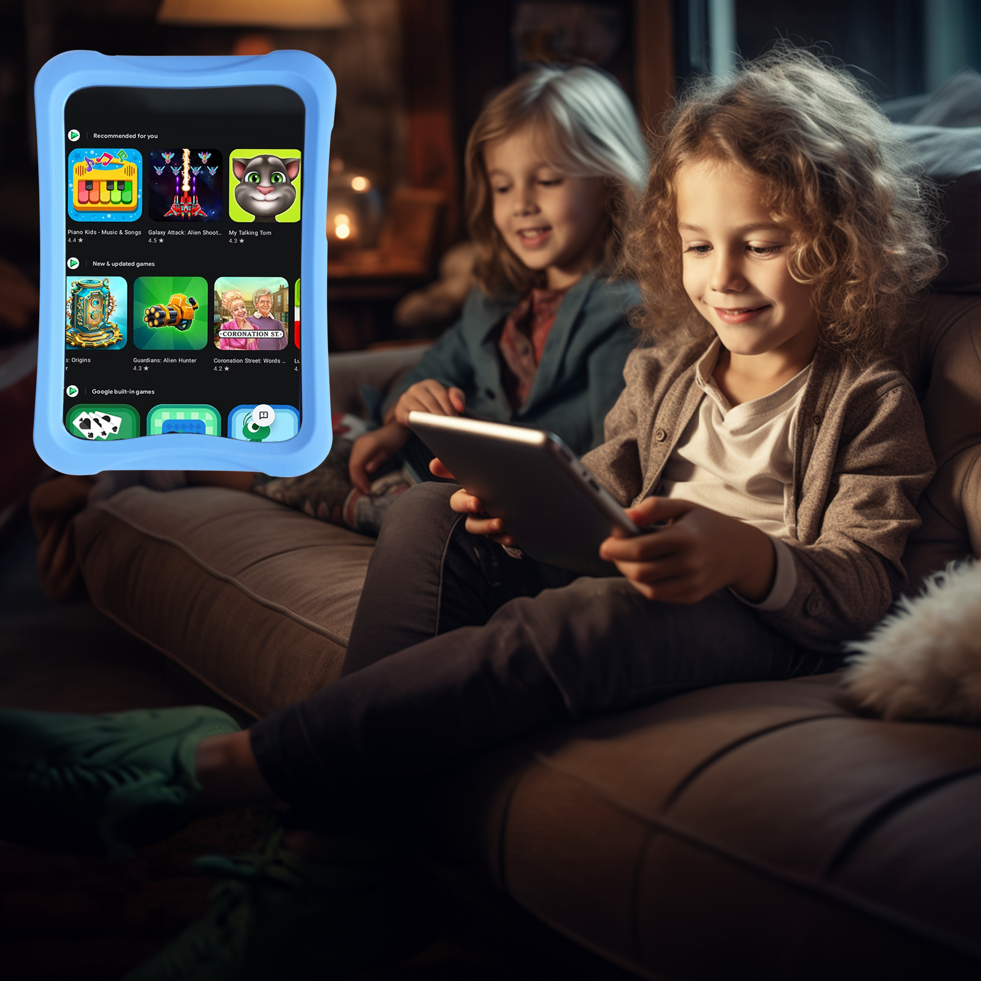 Deux filles sur un canapé regardant une tablette avec des jeux. Une coque de tablette bleue à gauche.