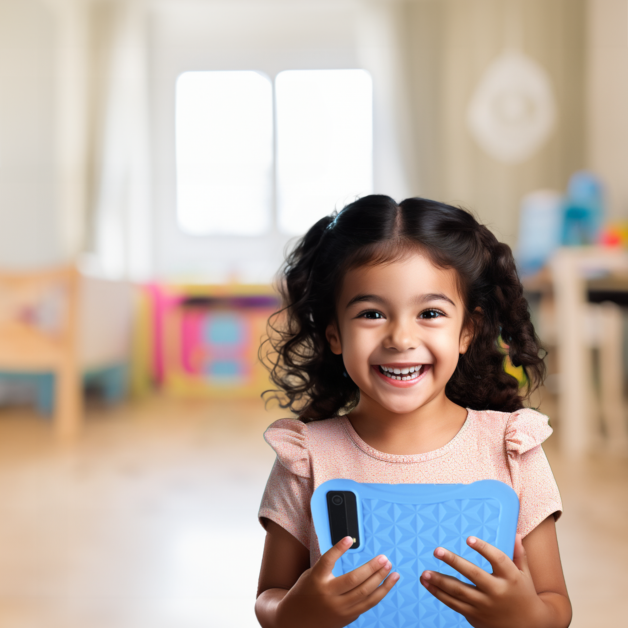 Une fille souriante tenant une tablette bleue, debout dans une pièce.